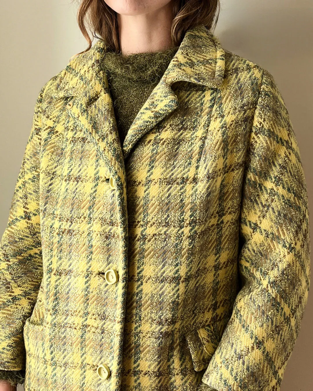 60s Yellow Tweed Wool Coat | S-M