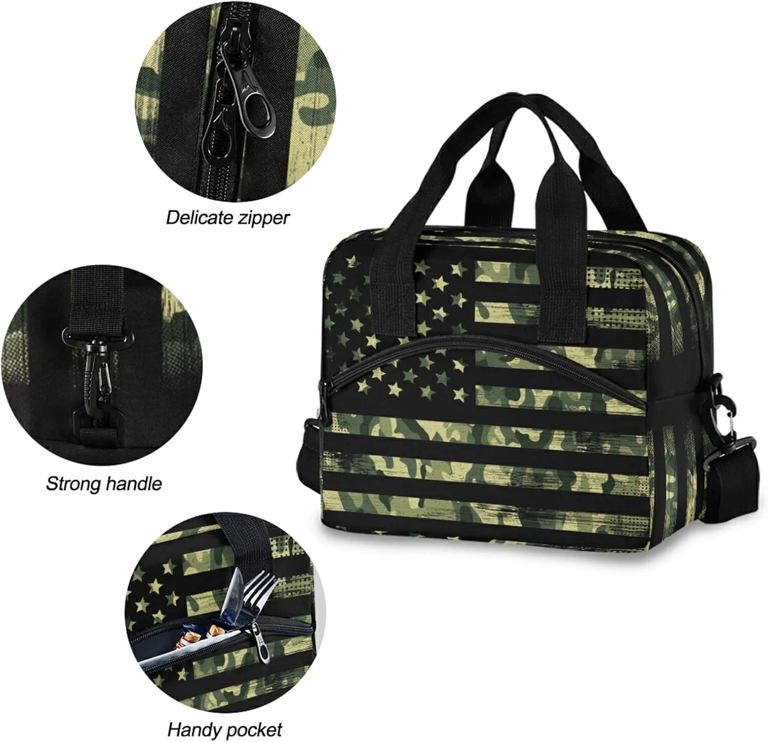 ALAZA American Flag with Camouflage Grunge Insulated Lunch Box Reusable Cooler Bags with Shoulder Strap for Women Men Adults, 19-Can (12.5L)