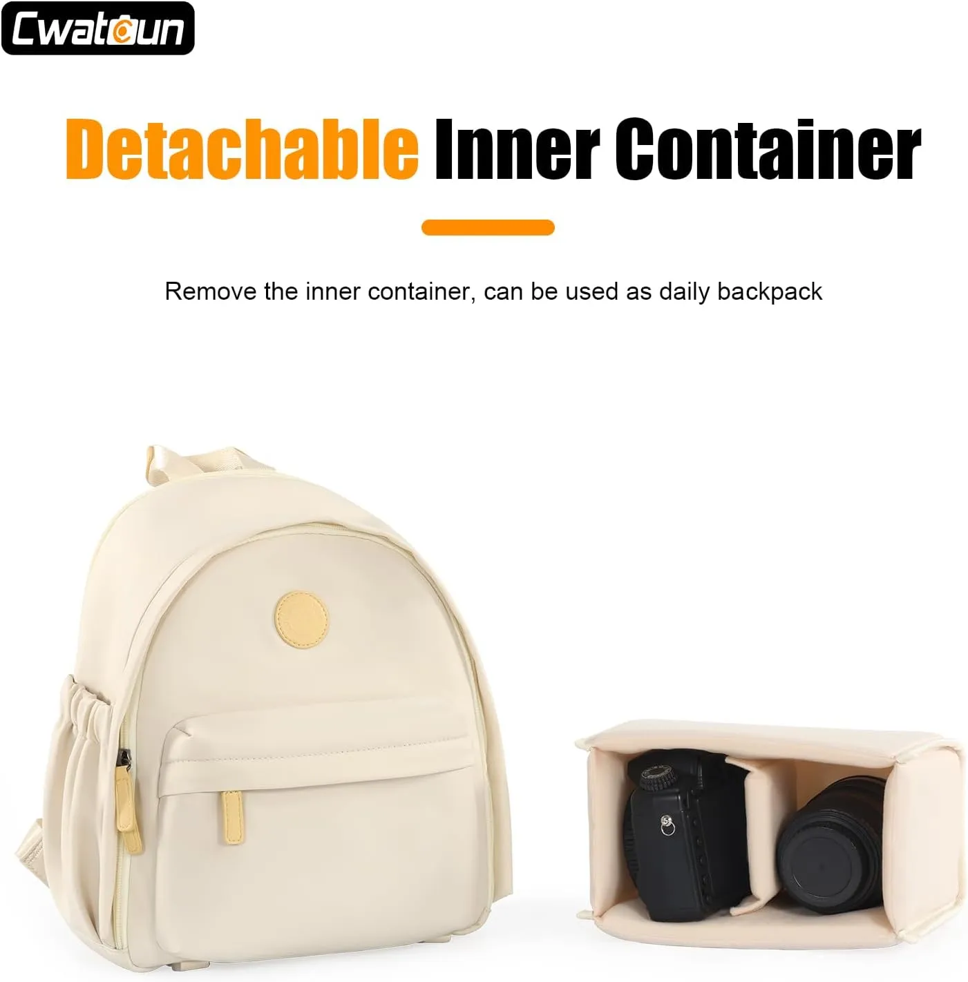 Cwatcun Camera Backpack Bag Small for WomenFashion DSLR Camera Bag Cute with Tripod Strap and Removable Padded Dividers Lightweight Photograhy Case for Canon/Nikon/Sony Cameras, Off-White