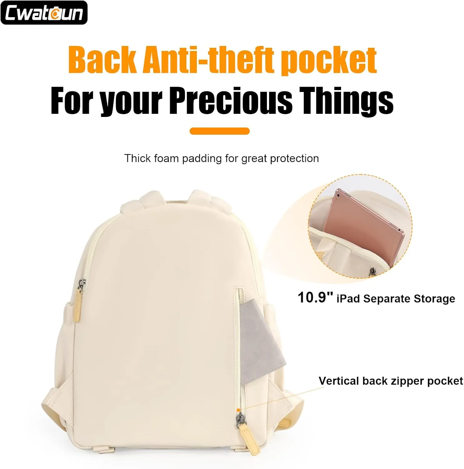 Cwatcun Camera Backpack Bag Small for WomenFashion DSLR Camera Bag Cute with Tripod Strap and Removable Padded Dividers Lightweight Photograhy Case for Canon/Nikon/Sony Cameras, Off-White