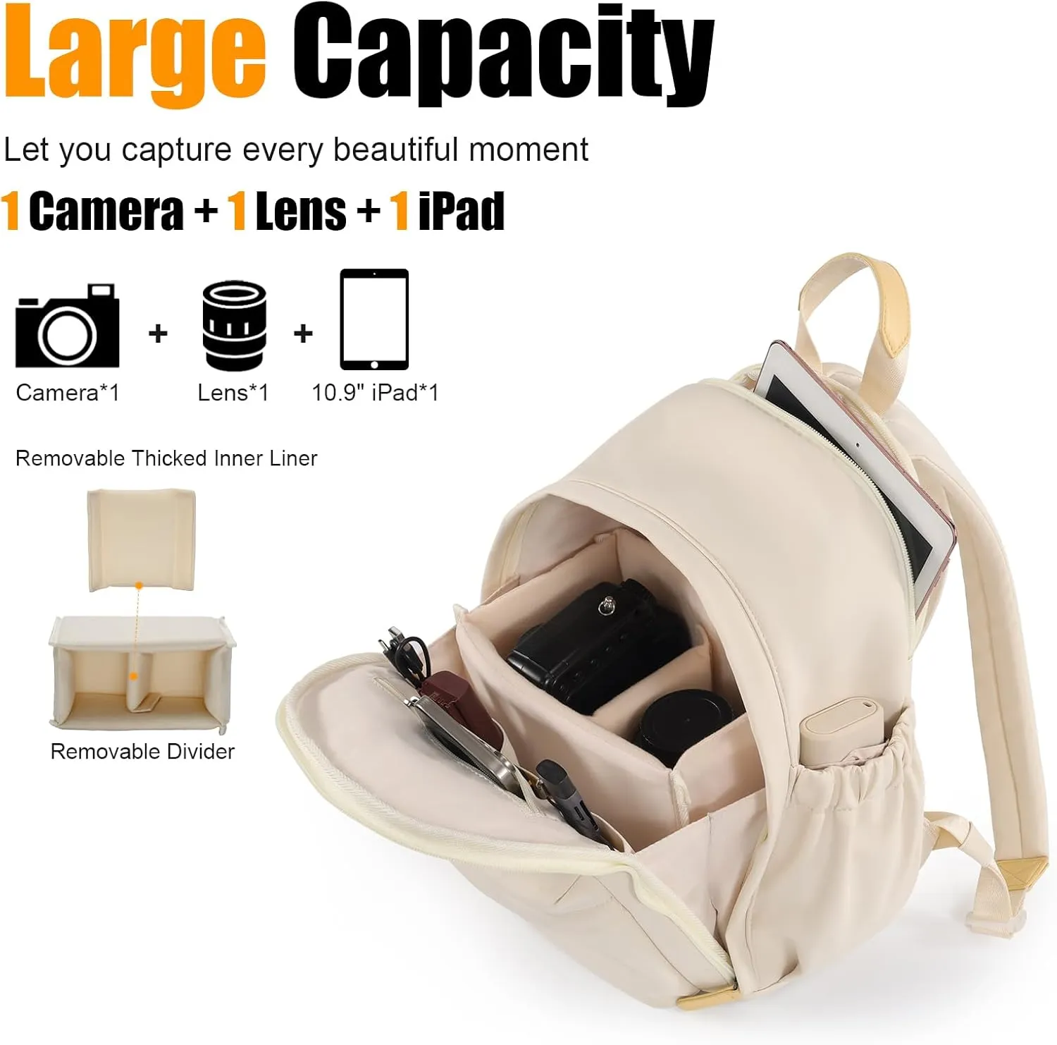 Cwatcun Camera Backpack Bag Small for WomenFashion DSLR Camera Bag Cute with Tripod Strap and Removable Padded Dividers Lightweight Photograhy Case for Canon/Nikon/Sony Cameras, Off-White