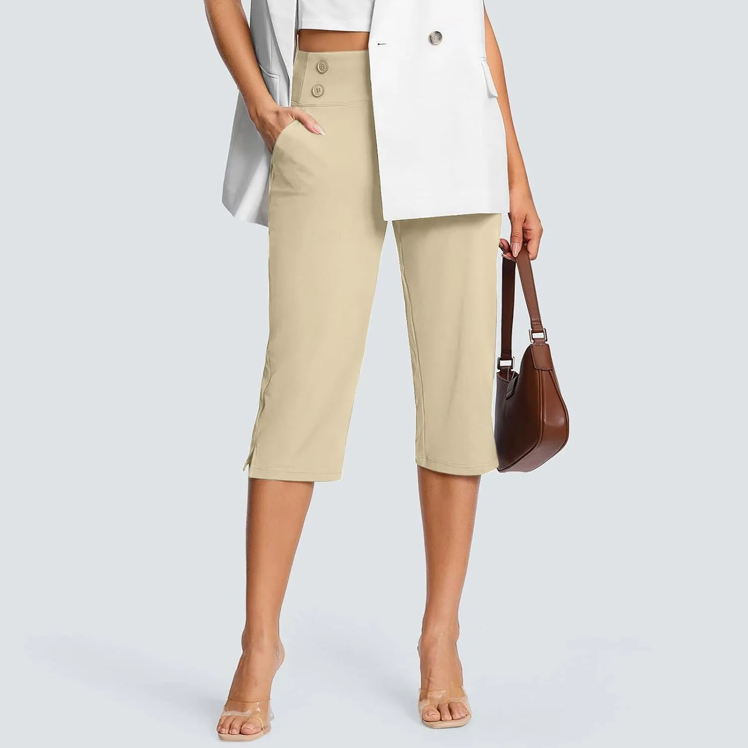 Dressy Capri Pants for Women Casual Work Business Capris High Waist Stretch Yoga Cropped Pant with Pocket