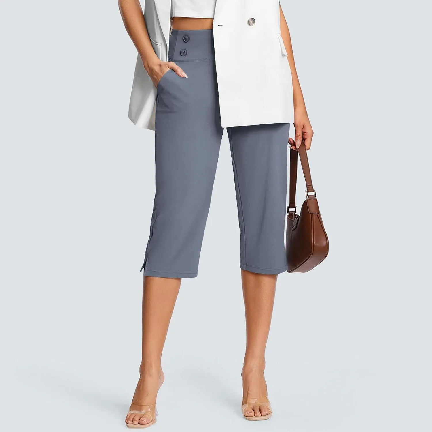 Dressy Capri Pants for Women Casual Work Business Capris High Waist Stretch Yoga Cropped Pant with Pocket