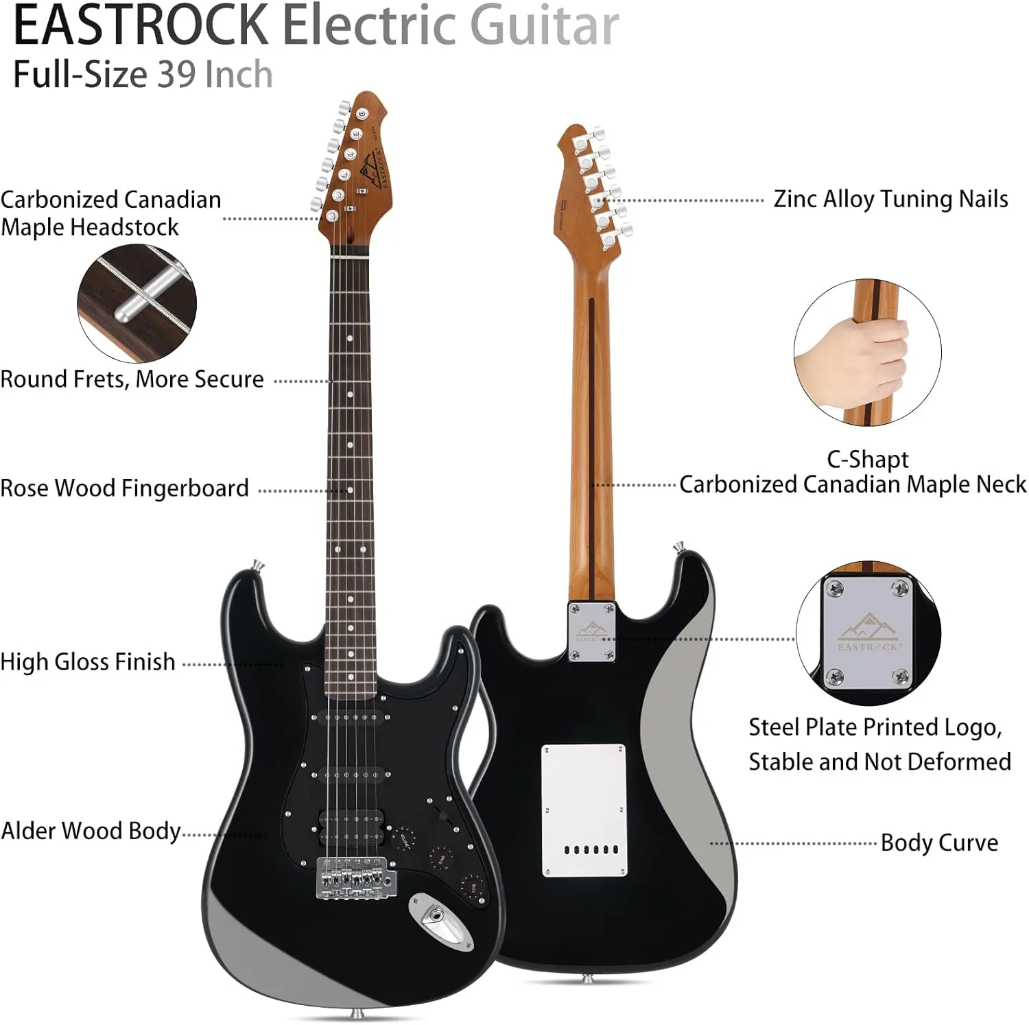 EASTROCK Electric Guitar 39 inch Full Beginner Starter kit Full Size, Package All Accessories, Strings, Picks, Tremolo Bar, Strap, and Case Bag (39" Right Handed, Black)
