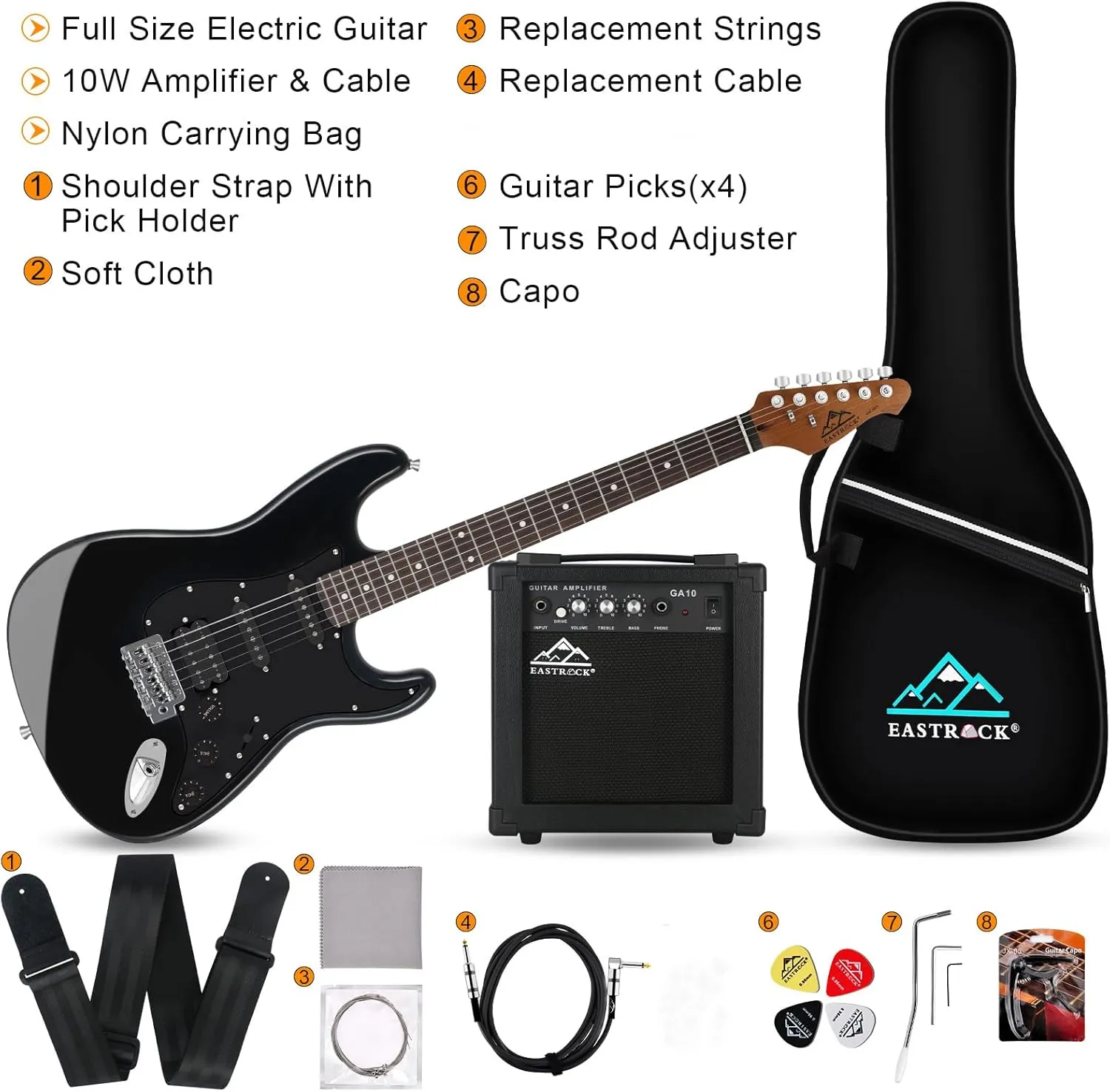 EASTROCK Electric Guitar 39 inch Full Beginner Starter kit Full Size, Package All Accessories, Strings, Picks, Tremolo Bar, Strap, and Case Bag (39" Right Handed, Black)