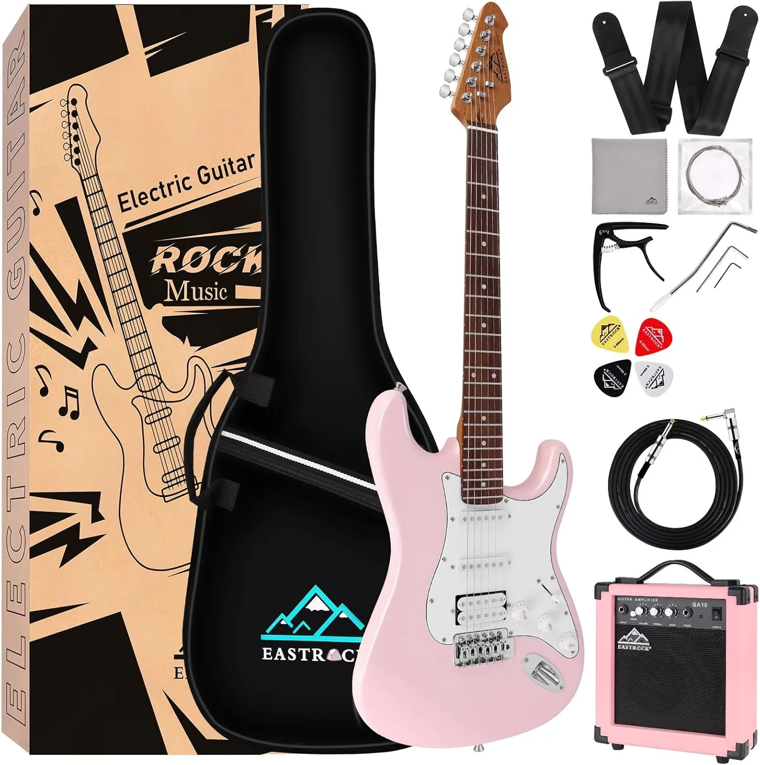 EASTROCK Electric Guitar 39" Full Size Solid Body Electric Guitar Kit for Beginner Electric Guitars for Adults with 10w Amp, Bag, Capo, Shoulder Strap, String, Cable, Picks,(Right-Handed,Pink)