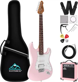 EASTROCK Electric Guitar 39" Full Size Solid Body Electric Guitar Kit for Beginner Electric Guitars for Adults with 10w Amp, Bag, Capo, Shoulder Strap, String, Cable, Picks,(Right-Handed,Pink)