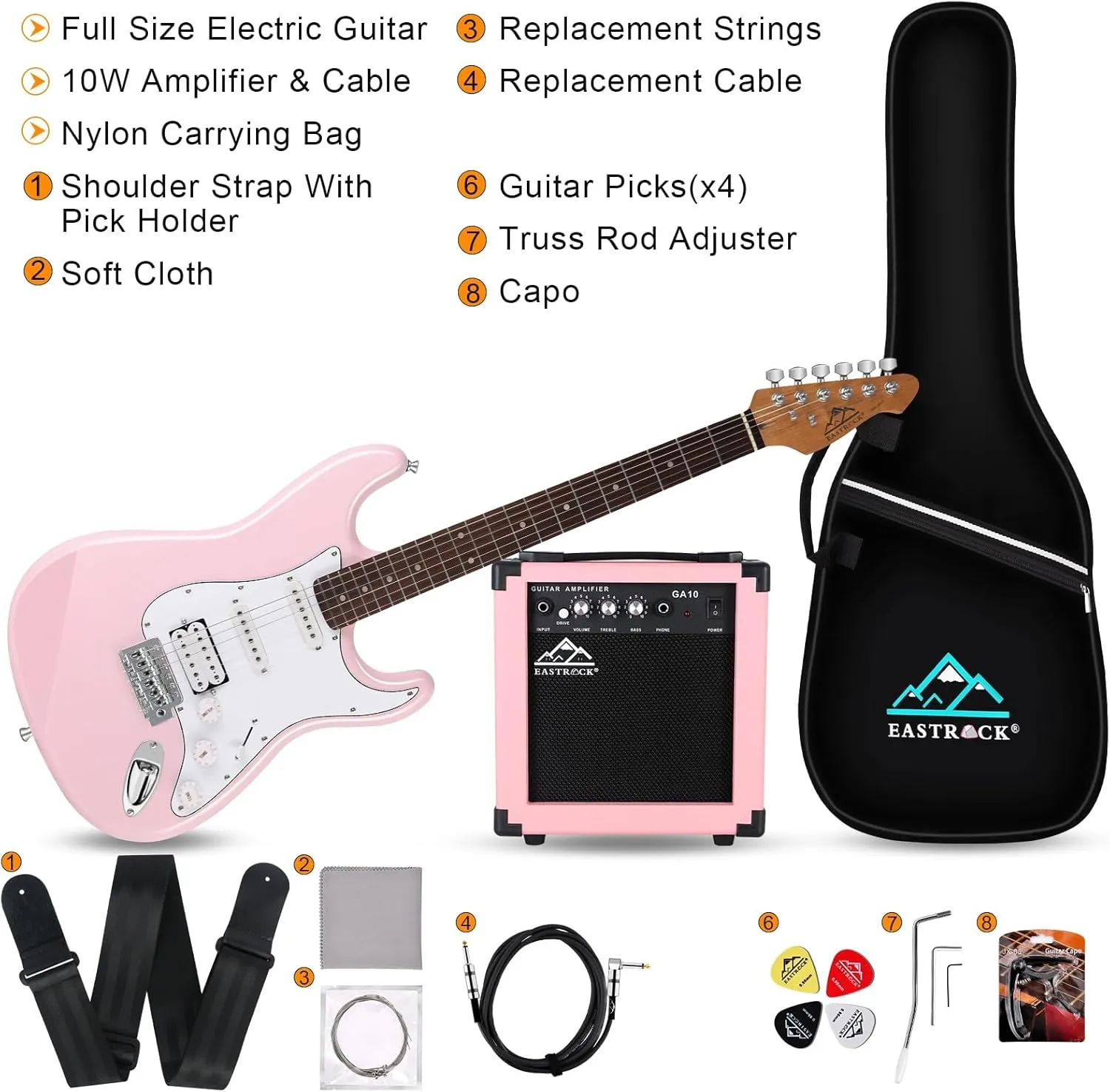 EASTROCK Electric Guitar 39" Full Size Solid Body Electric Guitar Kit for Beginner Electric Guitars for Adults with 10w Amp, Bag, Capo, Shoulder Strap, String, Cable, Picks,(Right-Handed,Pink)