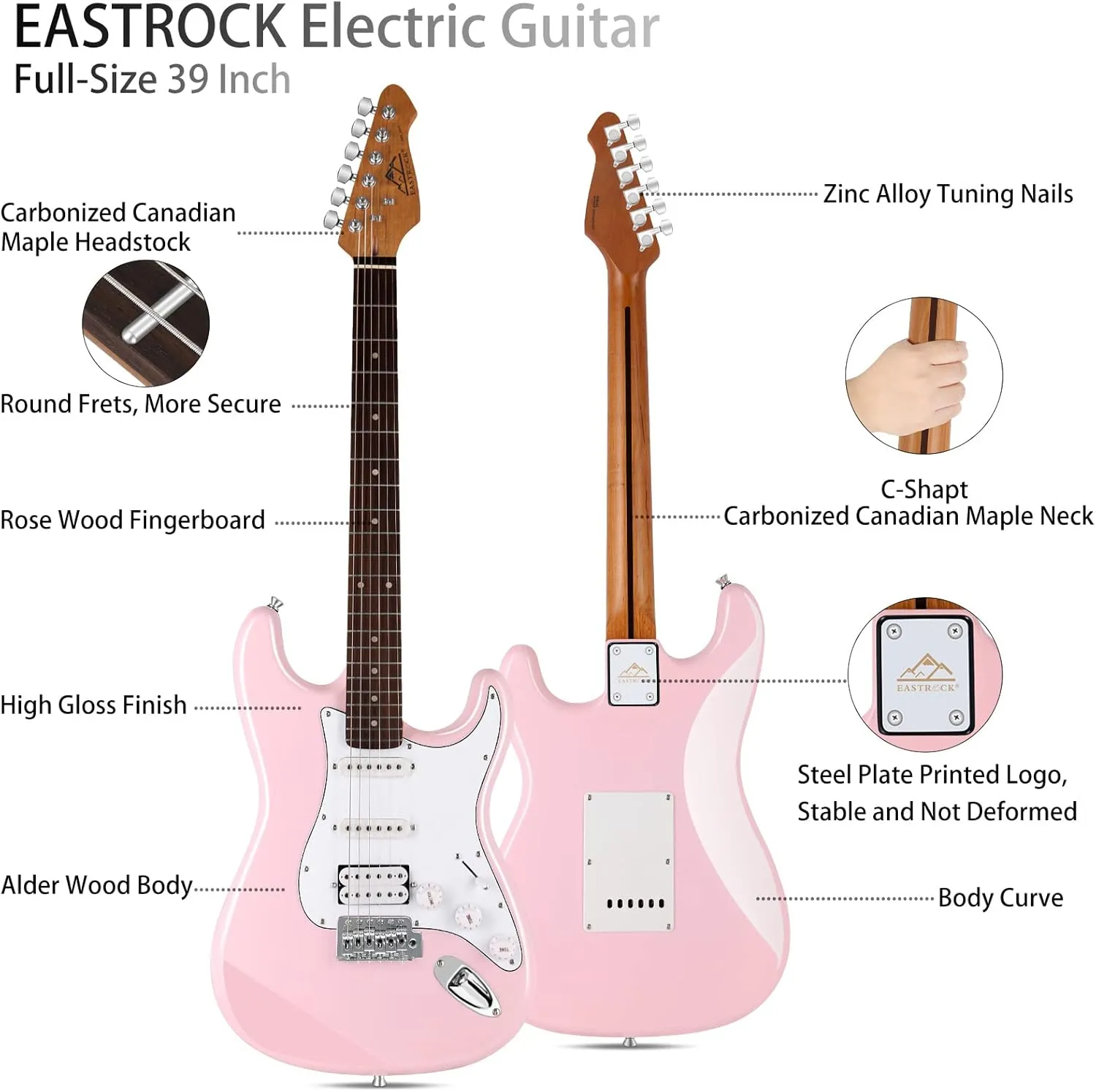 EASTROCK Electric Guitar 39" Full Size Solid Body Electric Guitar Kit for Beginner Electric Guitars for Adults with 10w Amp, Bag, Capo, Shoulder Strap, String, Cable, Picks,(Right-Handed,Pink)