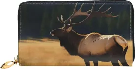 Elk In The Meadow Leather Wallets For Women Waterproof Zip Around Clutch Purses Large Credit Card Holder With Phone Holder Ladies Travel Coin Purse