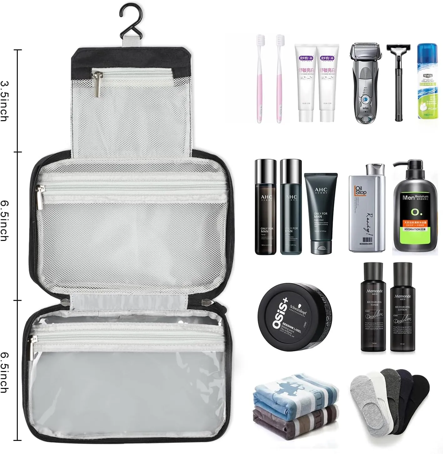 Etercycle Compact Travel Toiletry Bag for Women & Men, Waterproof Hanging Shower Organizer with Hook, Portable Foldable Wash Pouch for Bathroom/Shaving/Camping - Small-Size Space-Saving Design- Black
