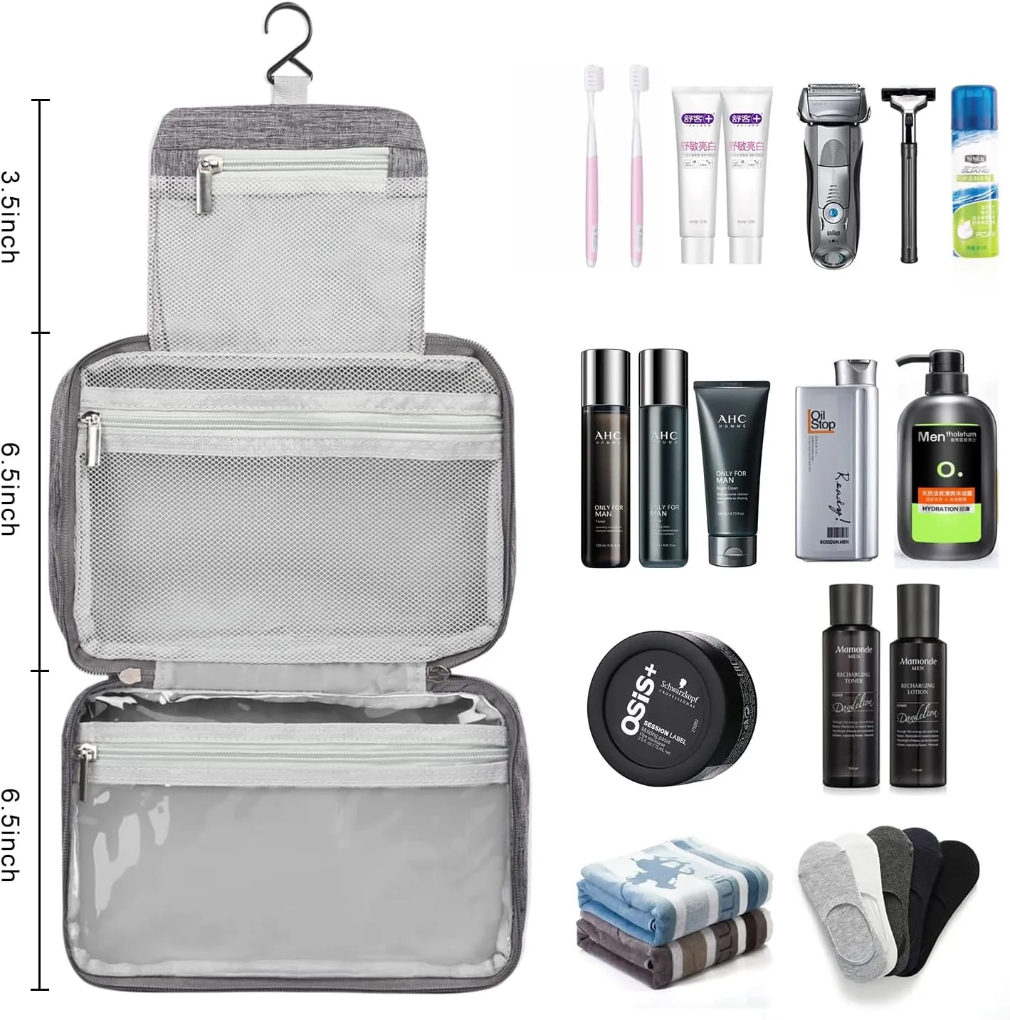Etercycle Toiletry Bag for Women Men, Waterproof Hanging Toiletry Bags for Traveling, Portable Foldable Travel Wash bag with Hanging Hook, Shaving Bag for Bathroom Shower- Gray