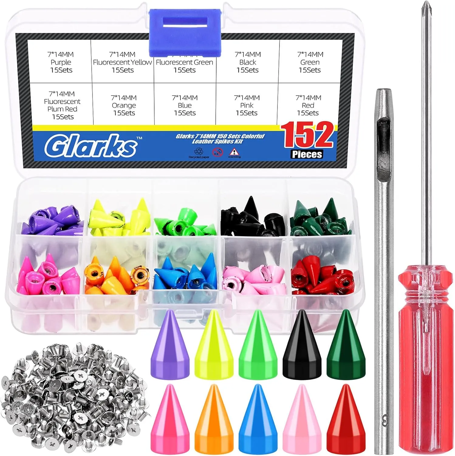 Glarks 150 Sets Colorful Cone Spikes Studs Kit, 14mm Punk Bullet Cone Studs and Spikes, Leather Metal Tree Screw Back Rivets for Leather Craft Clothing Shoes Belts Bags Pet Collars DIY Accessories