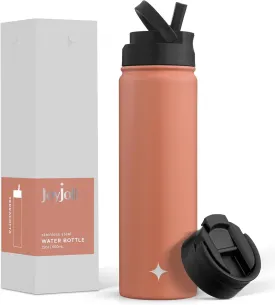 JoyJolt Triple Insulated Water Bottle with Straw Lid AND Flip Lid! 22oz Water Bottle, 12 Hour Hot/Cold Vacuum Insulated Stainless Steel Water Bottle. BPA-Free Leakproof Water Bottles - Thermos Bottle