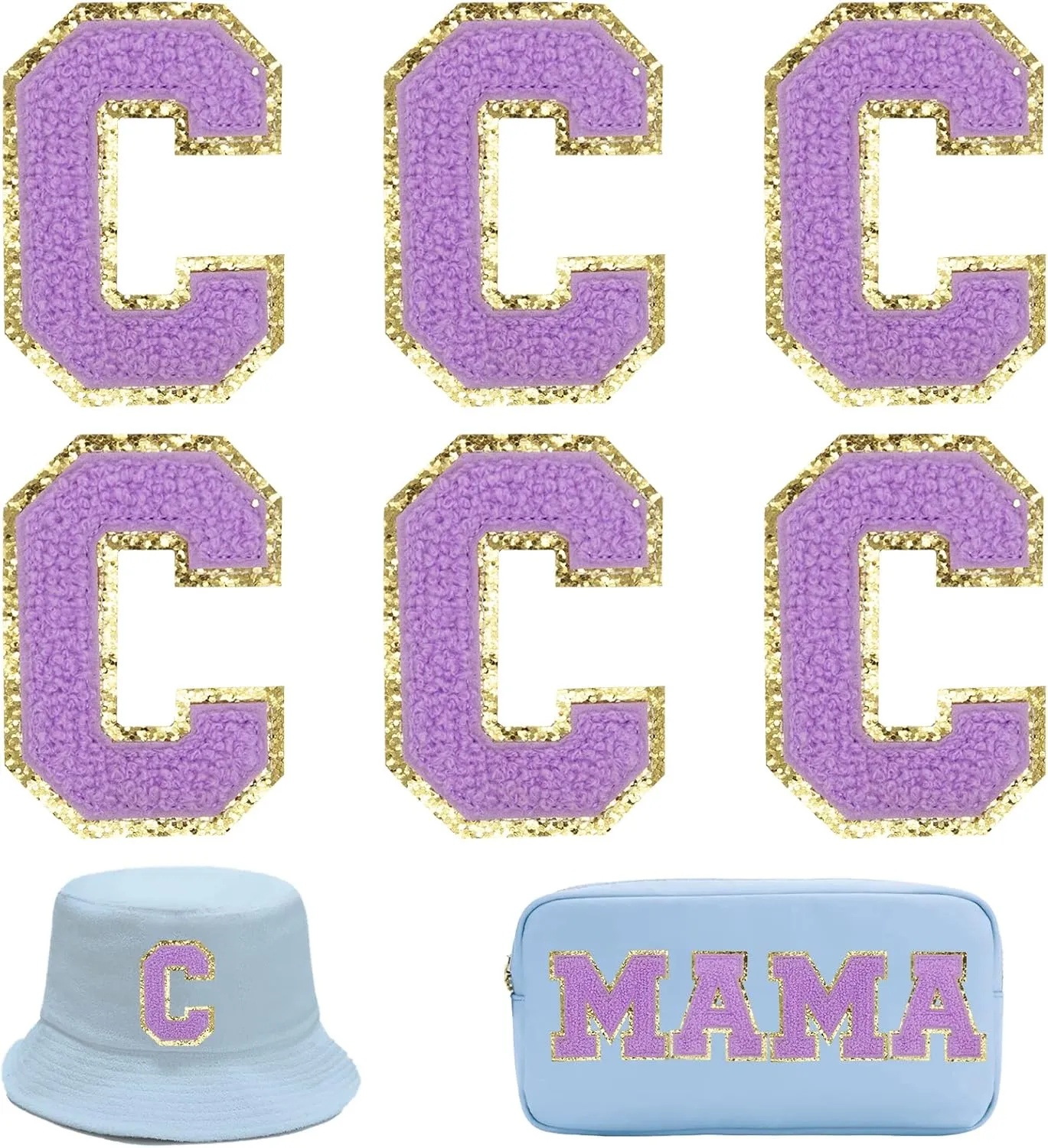 Letter Patches 6 Pcs Varsity Chenille Iron on Letters Patchs for Clothing Jackets Backpacks Glitter Letter Patches(Purple,C)