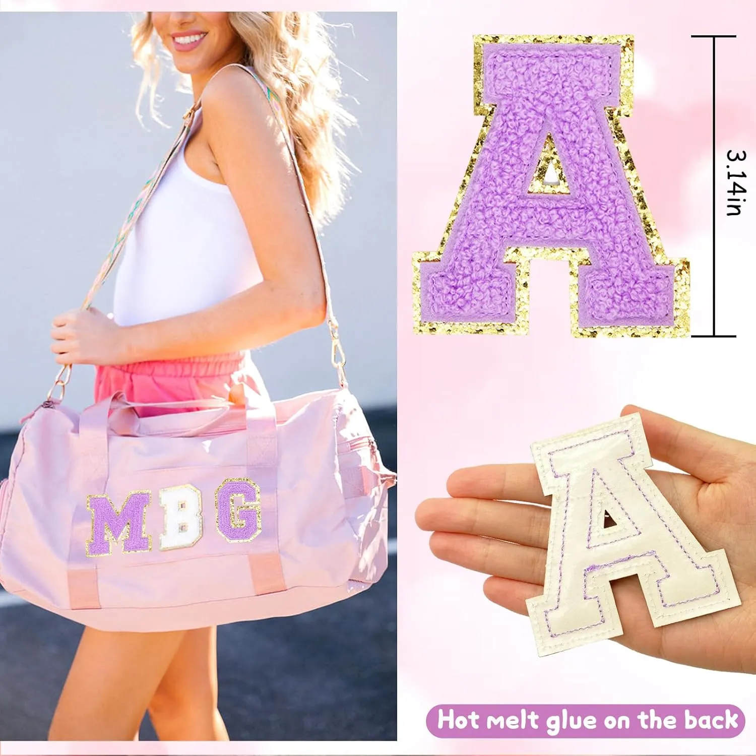 Letter Patches 6 Pcs Varsity Chenille Iron on Letters Patchs for Clothing Jackets Backpacks Glitter Letter Patches(Purple,C)