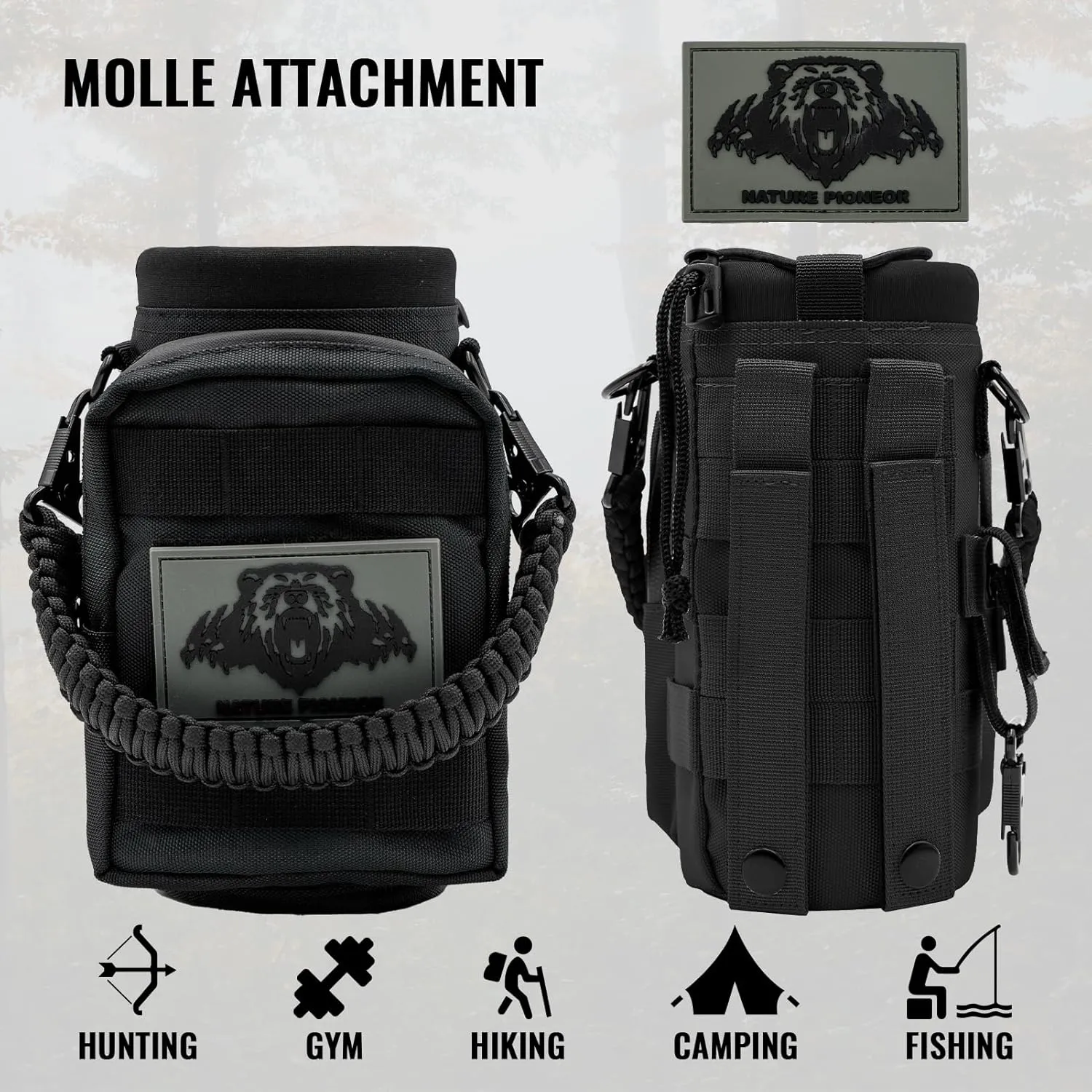 NATURE PIONEOR 32 64 128oz Tactical Water Bottle Pouch, Multi-Function Tactical Water Bottle Bag with Adjustable Shoulder Strap, Half/One Gallon Molle Strap Carrier Holder