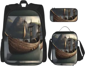 Nordic Pirate Ship print 3-Piece Casual Backpack Set (Backpack   Waist Bag   Small Pouch), Unisex Daypack