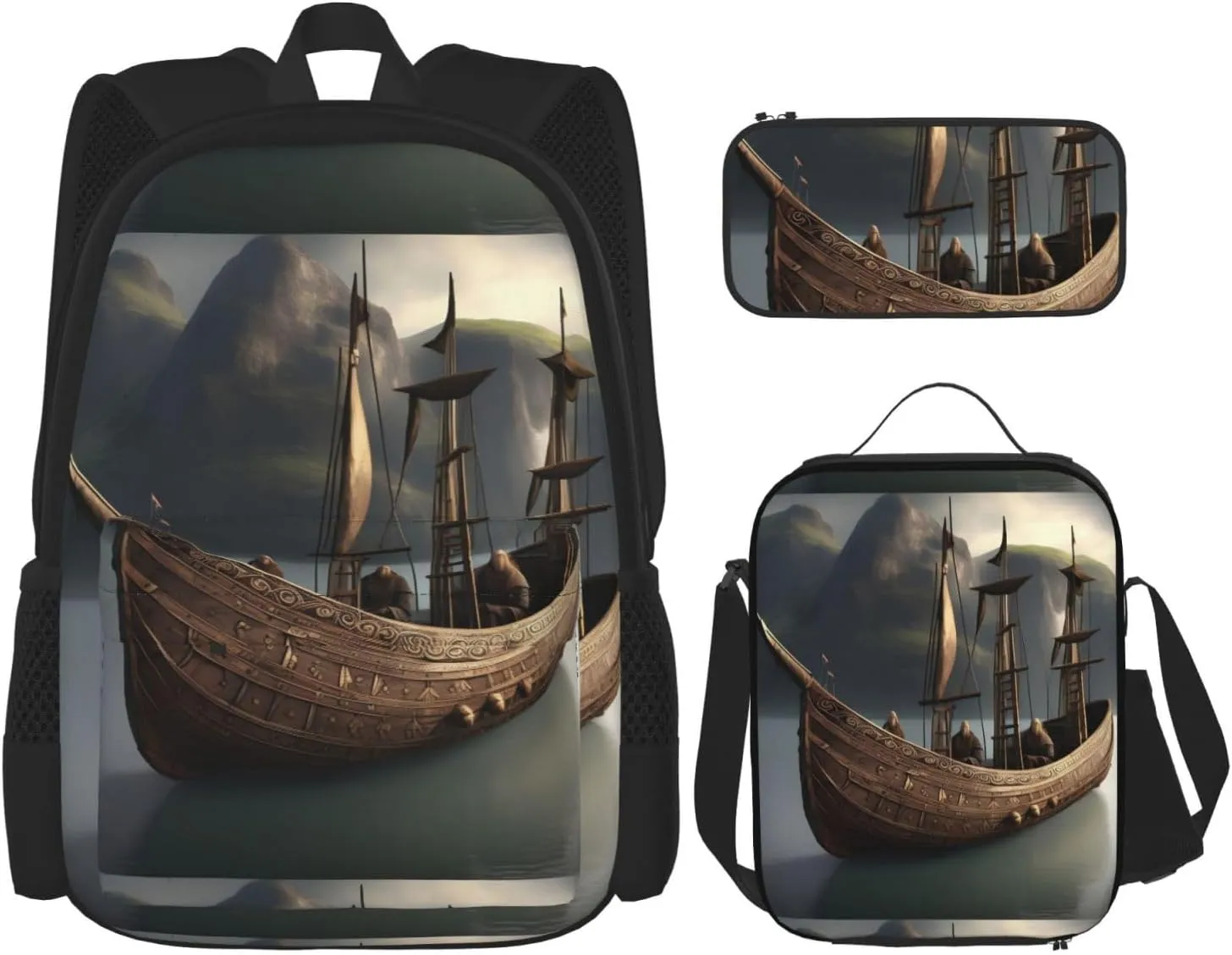 Nordic Pirate Ship print 3-Piece Casual Backpack Set (Backpack   Waist Bag   Small Pouch), Unisex Daypack