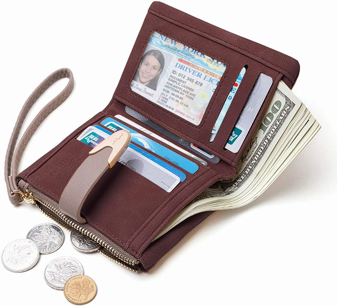 PofeeXIO Womens Wallet Rfid Small Bifold Wallet,Ladies Zipper Card Cluth Coin Purse Wristlet (Purple)