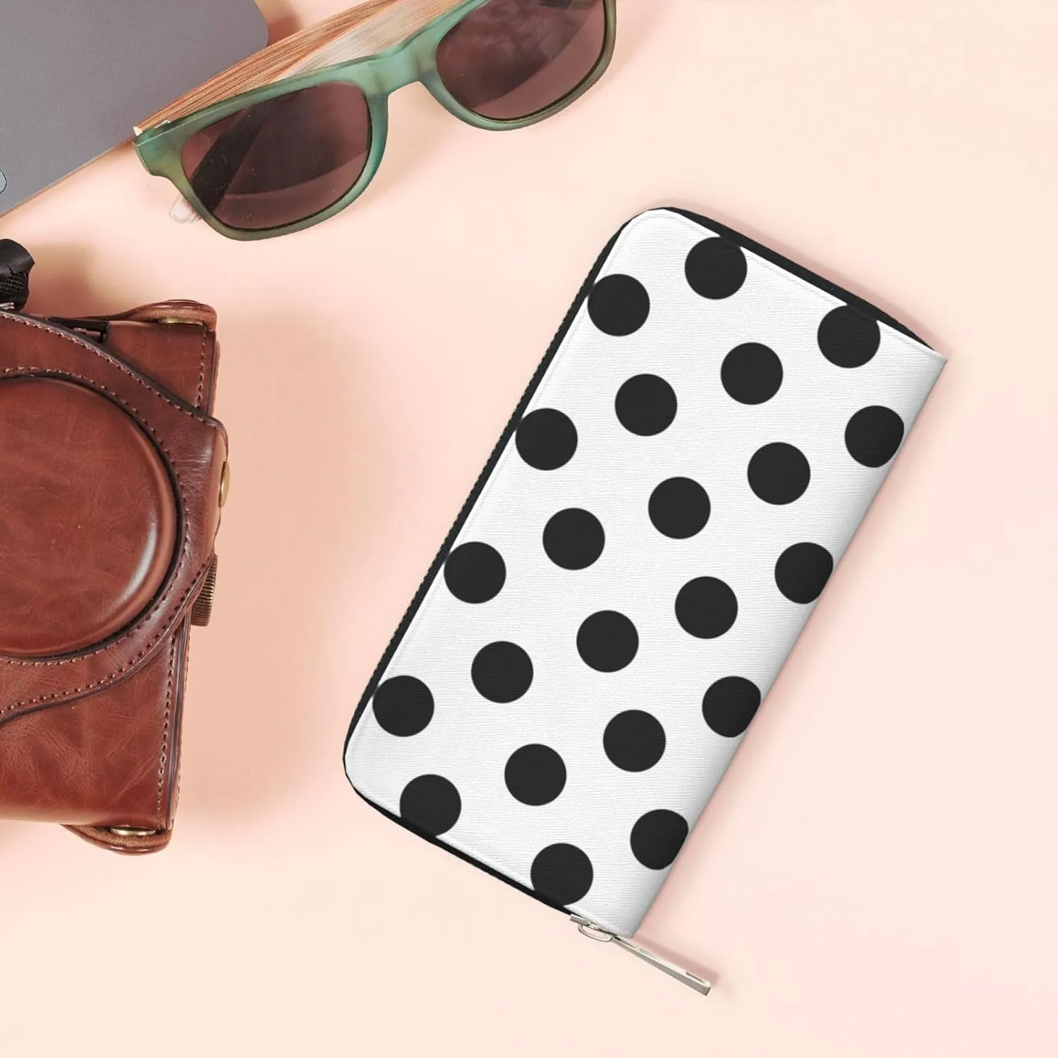 Polka Dot Black White Wallet for Men Women Elegant Long Clutch Zip Around Travel Leather Coin Purse Large Capacity Credit Card Holder Handbag