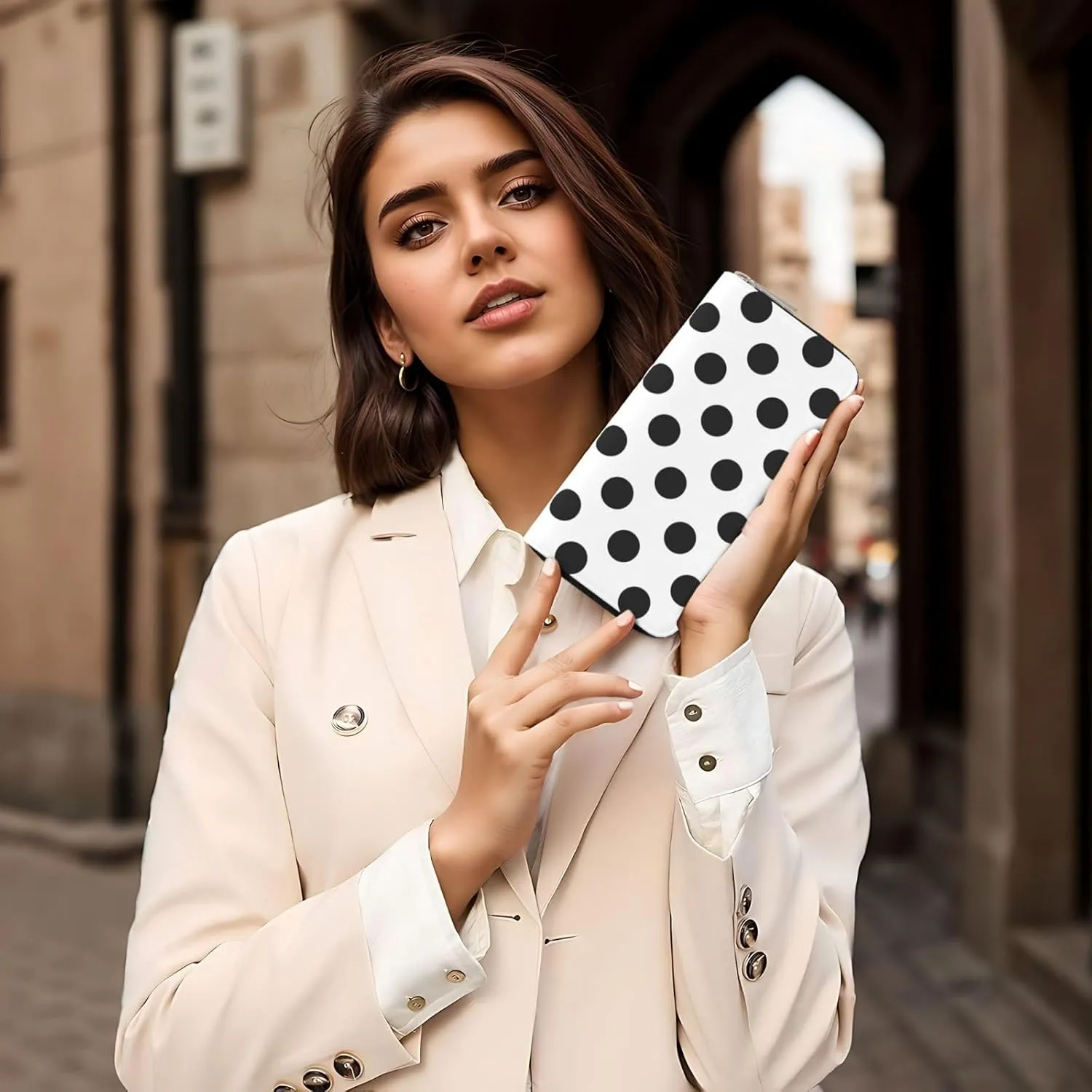 Polka Dot Black White Wallet for Men Women Elegant Long Clutch Zip Around Travel Leather Coin Purse Large Capacity Credit Card Holder Handbag