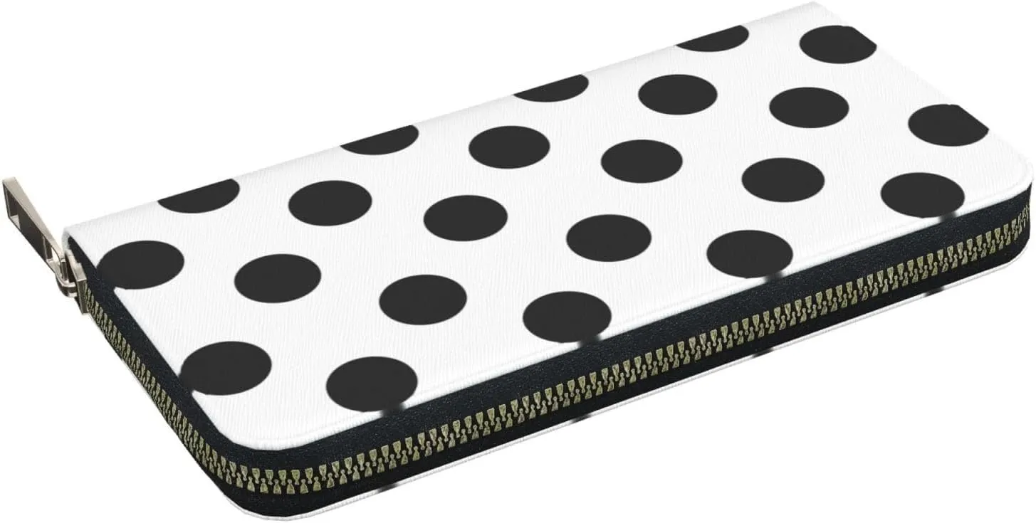 Polka Dot Black White Wallet for Men Women Elegant Long Clutch Zip Around Travel Leather Coin Purse Large Capacity Credit Card Holder Handbag