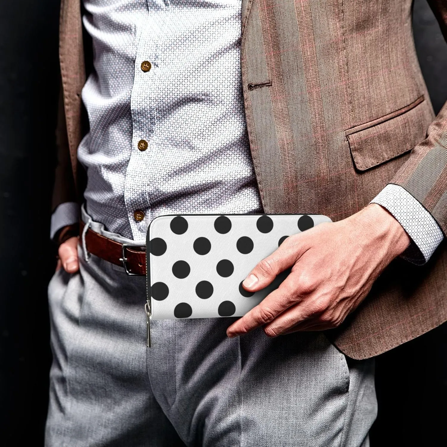 Polka Dot Black White Wallet for Men Women Elegant Long Clutch Zip Around Travel Leather Coin Purse Large Capacity Credit Card Holder Handbag