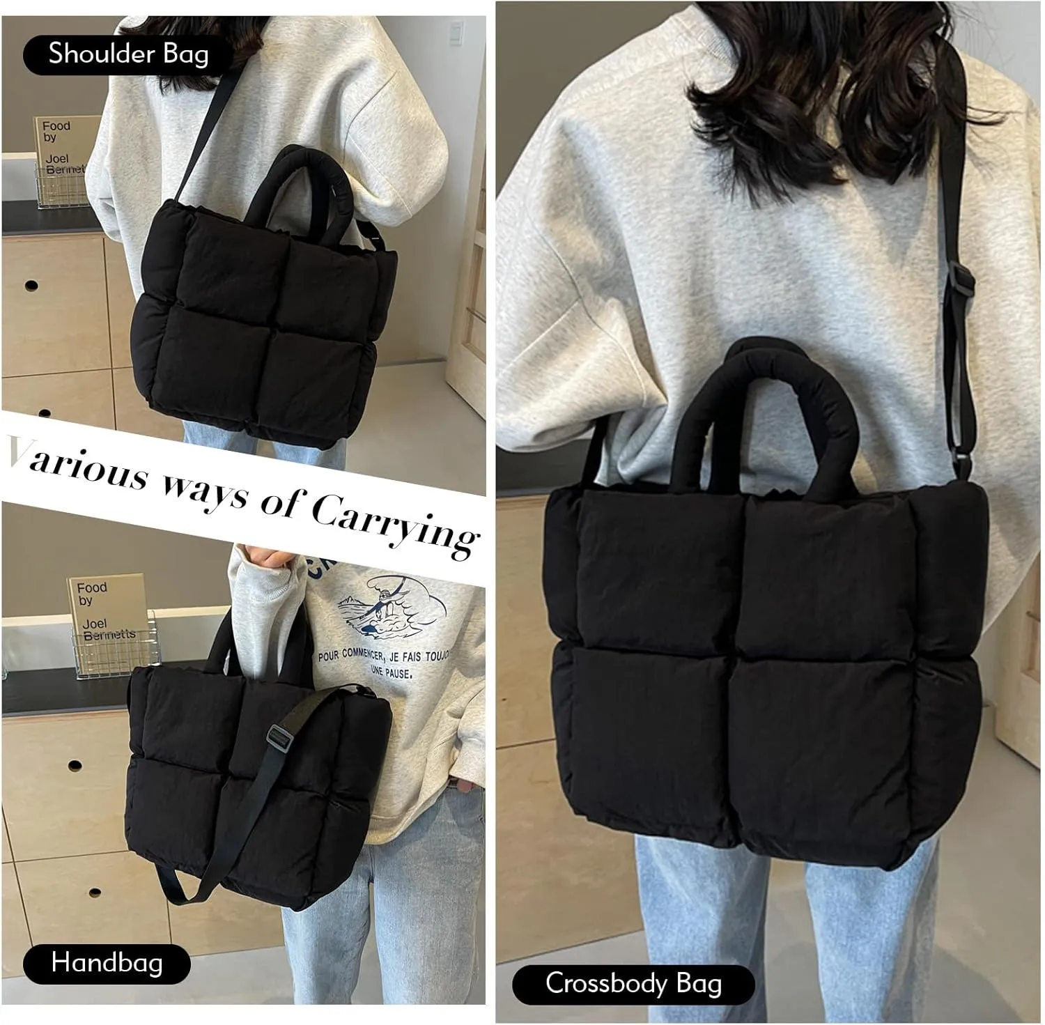 Puffer Tote Bag Lightweight Down Cotton Padded Puffy Purse Quilted Puff Crossbody Bags for Women