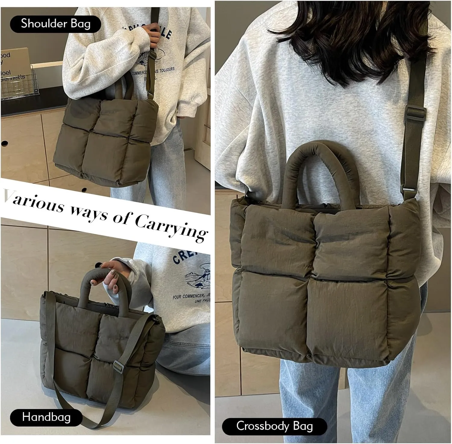 Puffer Tote Bag Lightweight Down Cotton Padded Puffy Purse Quilted Puff Crossbody Bags for Women