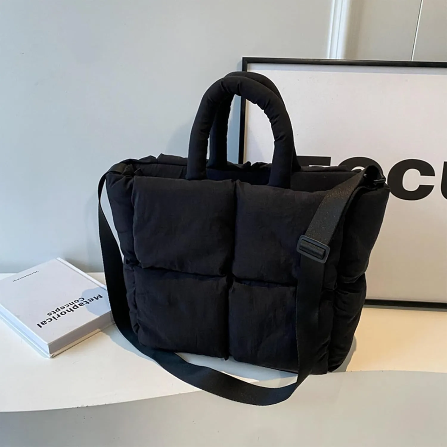 Puffer Tote Bag Lightweight Down Cotton Padded Puffy Purse Quilted Puff Crossbody Bags for Women