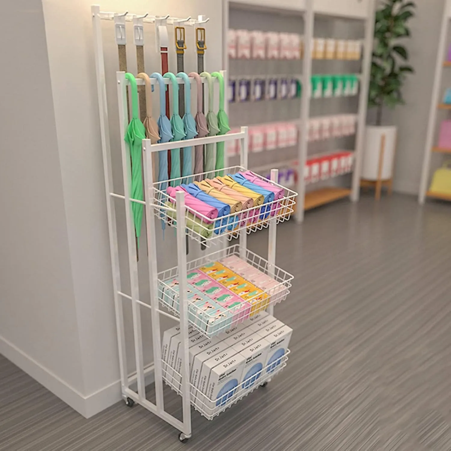 Retail Display Racks, Convenience Store Standing Shelf Units, Rain Gear Organizer, Multifunctional Bakery Bags Sock Belt Storage Hanger, Food Service(Black-60x45x170CM