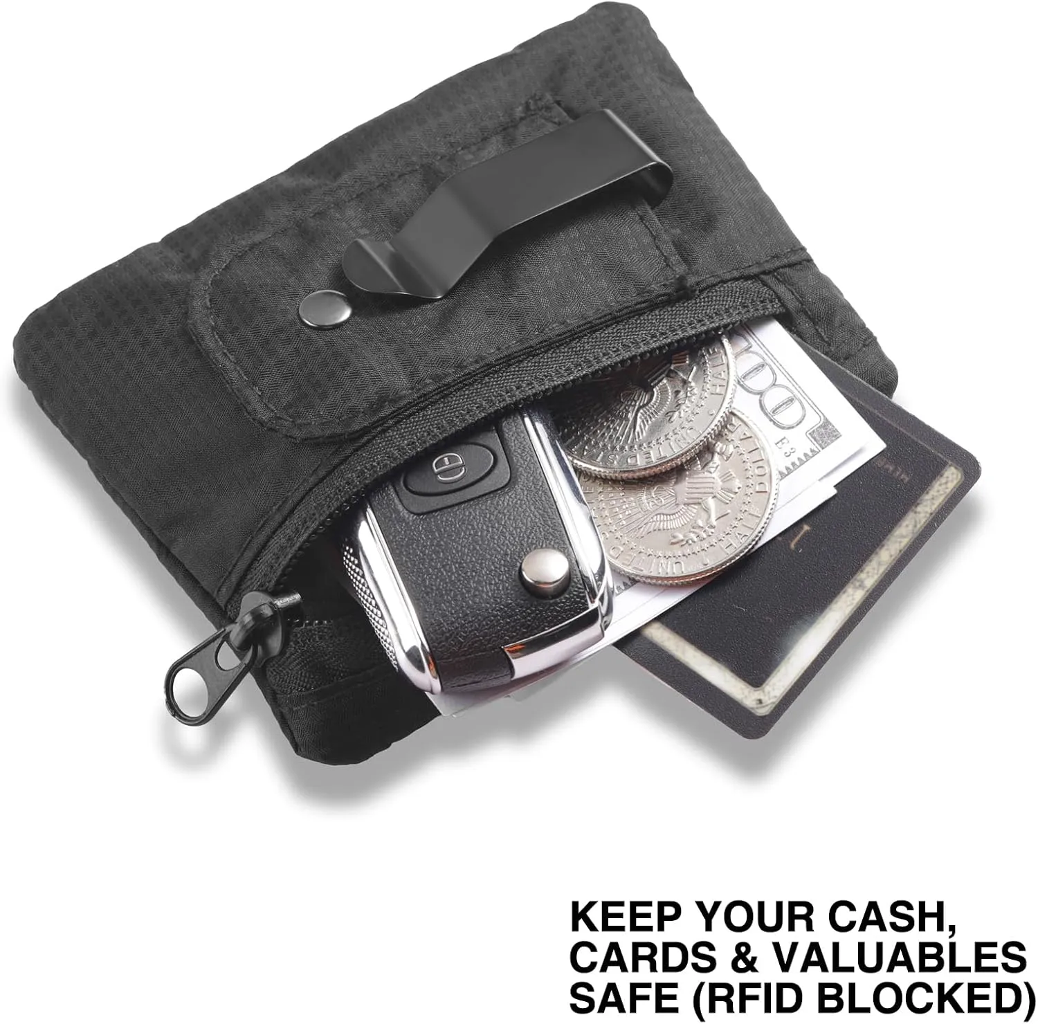 RFID Blocking Clip Stash Pocket, Compact Hidden Travel Belt Wallet for Cards & Cash - Slim Pickpocket-Proof Design for Everyday Carry, Black