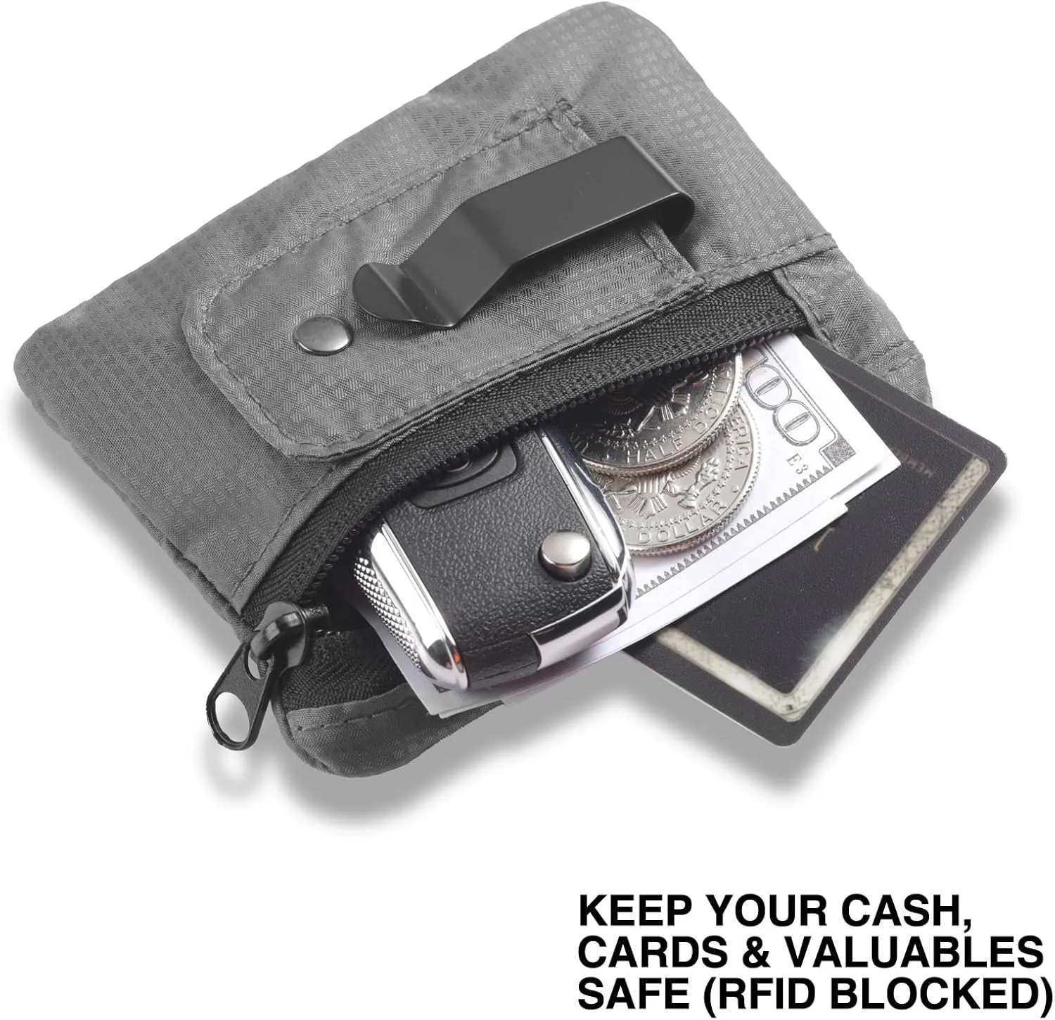 RFID Blocking Clip Stash Pocket, Compact Hidden Travel Belt Wallet for Cards & Cash - Slim Pickpocket-Proof Design for Everyday Carry, Grey