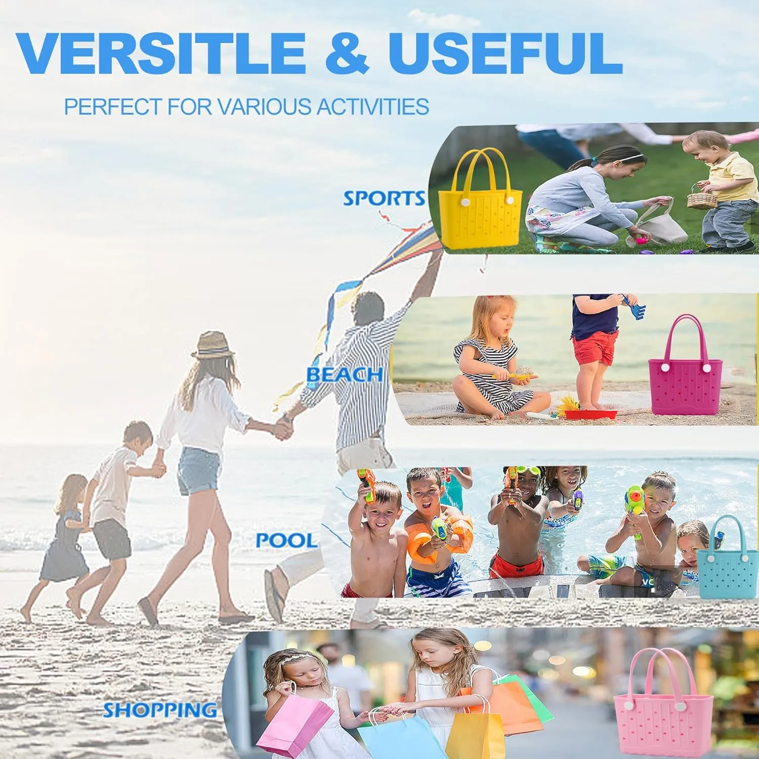 Rubber Tote Bag Small Beach Bag Waterproof Travel Bags Washable Tote Portable Open Handbag for Sports Beach Boat Outdoor