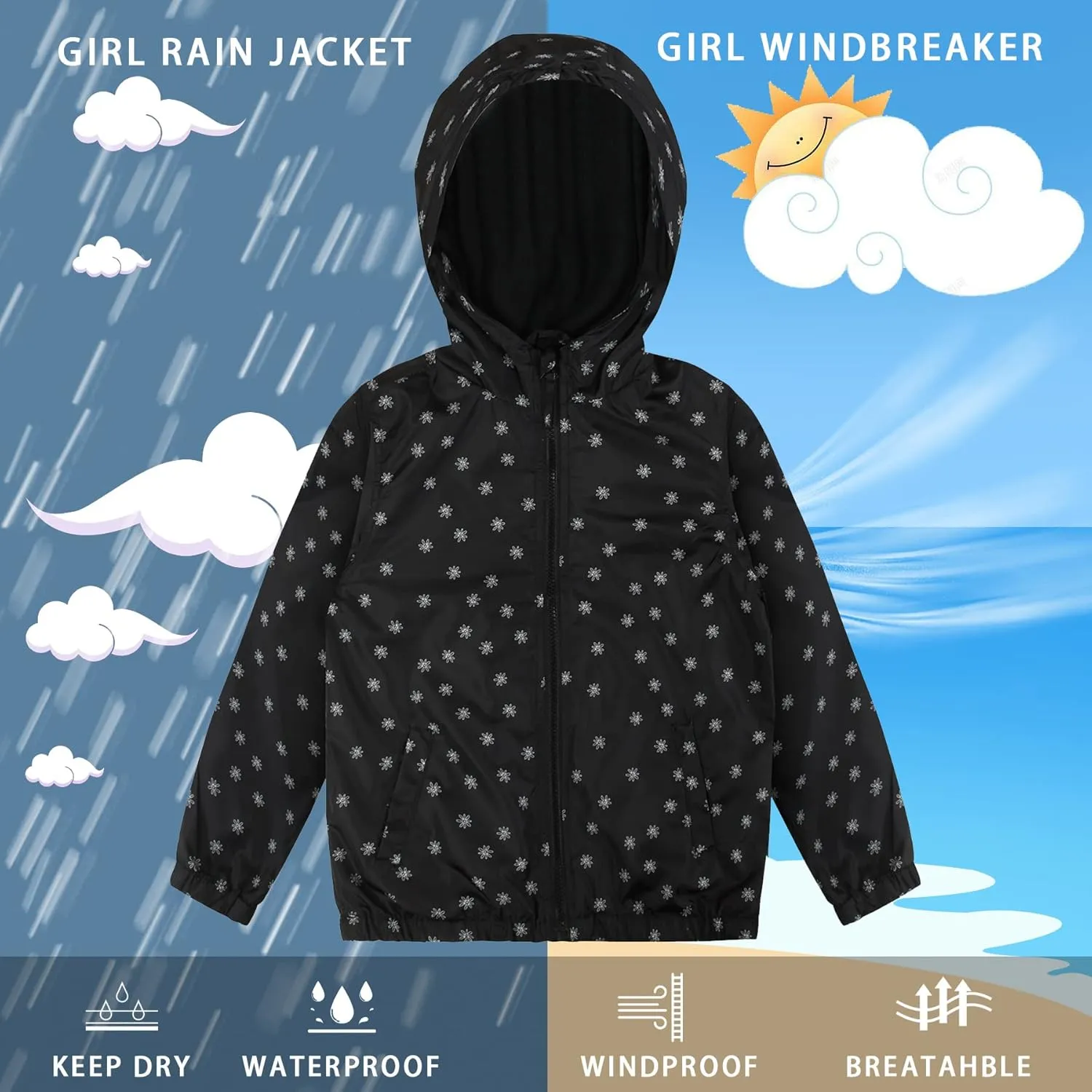 SUNDAY ROSE Boys Girls Rain Jackets Lightweight Waterproof Hooded Raincoats Windbreakers for Kids