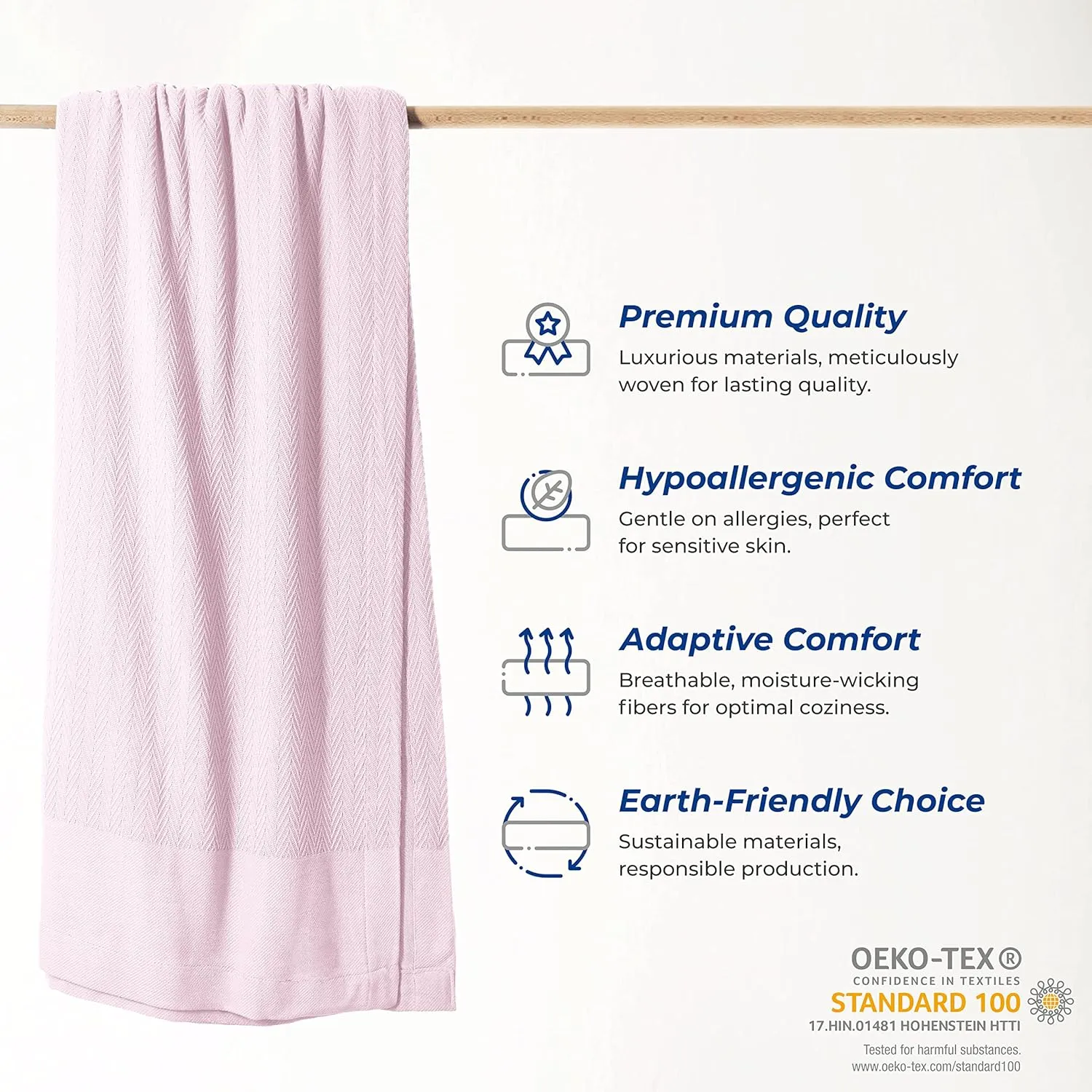 THREAD SPREAD Organic GOTS Cotton Blanket, King/Cal King - 350GSM, Oversized Antistatic, Fuzzy Soft, Couch, Bed, Camping & Travel, Luxurious Herringbone All-Season Throw, Blush   Free Chic Tote Bag