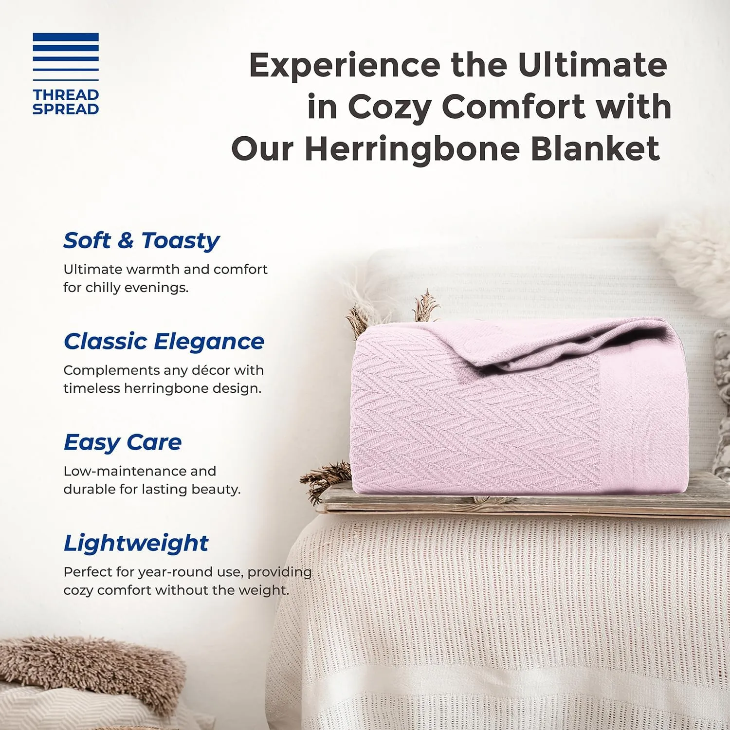 THREAD SPREAD Organic GOTS Cotton Blanket, King/Cal King - 350GSM, Oversized Antistatic, Fuzzy Soft, Couch, Bed, Camping & Travel, Luxurious Herringbone All-Season Throw, Blush   Free Chic Tote Bag