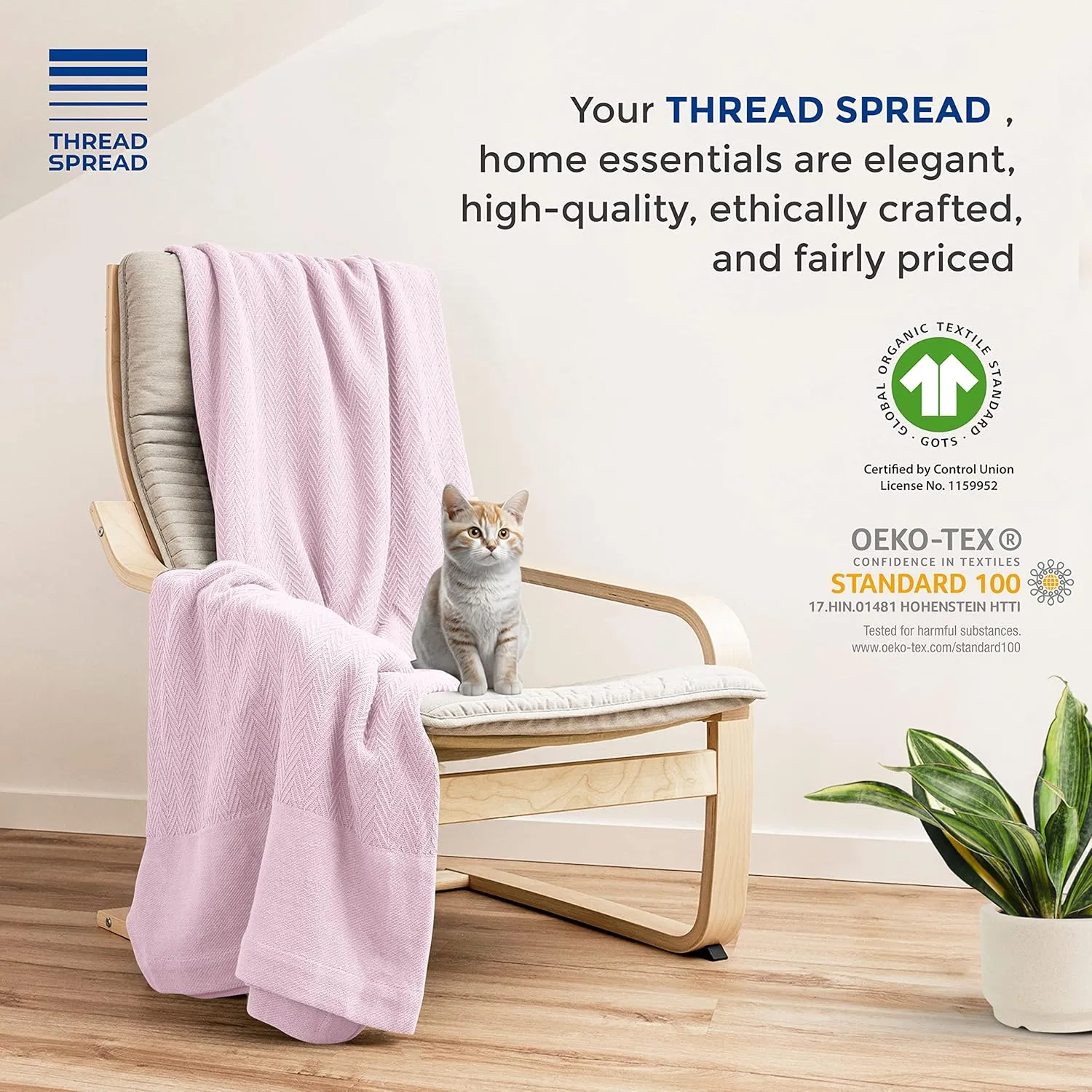 THREAD SPREAD Organic GOTS Cotton Blanket, King/Cal King - 350GSM, Oversized Antistatic, Fuzzy Soft, Couch, Bed, Camping & Travel, Luxurious Herringbone All-Season Throw, Blush   Free Chic Tote Bag