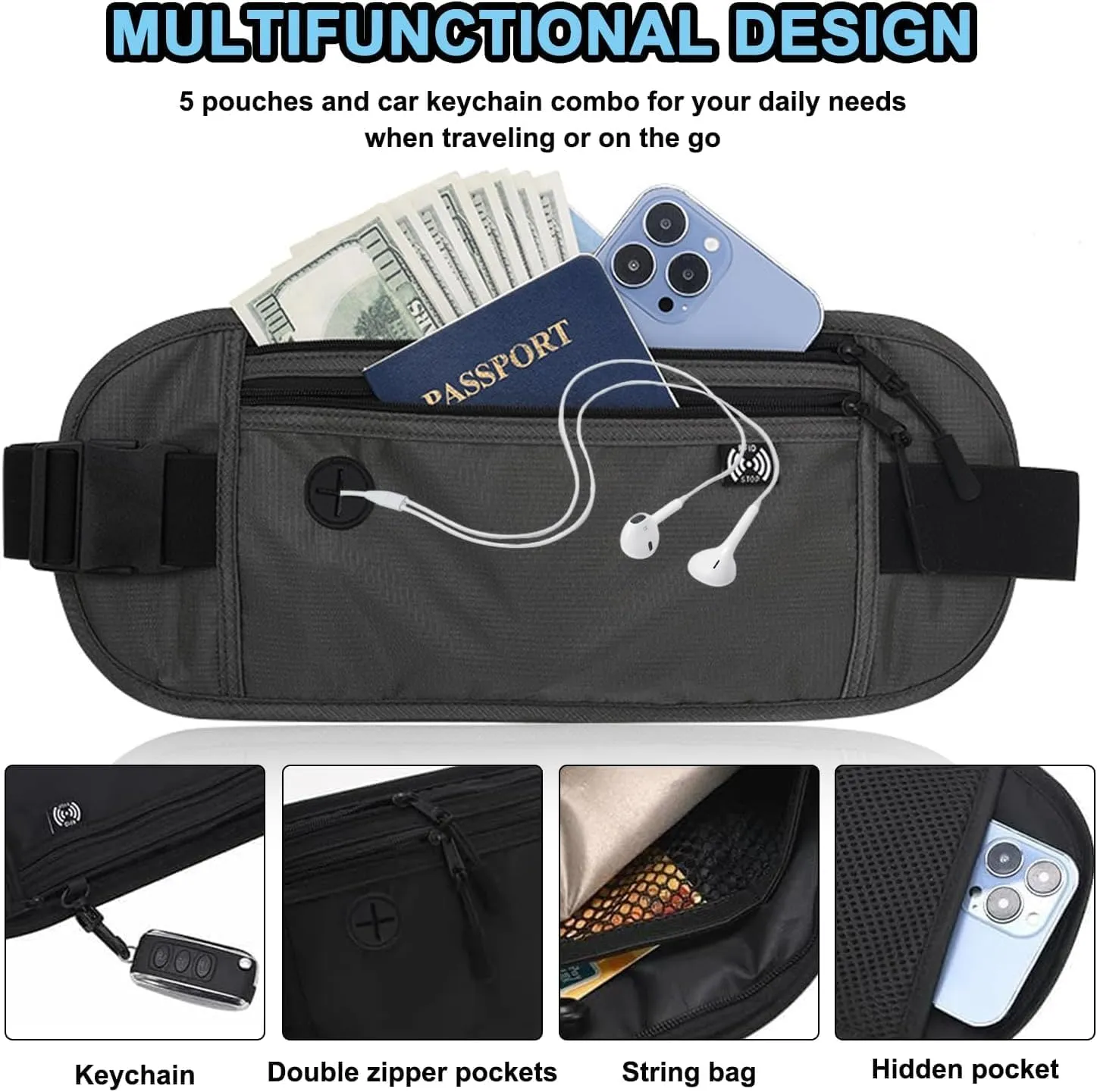 Travel Money Belt - Slim Passport Holder RFID Blocking, Travel Wallet Hidden Pouch Under Clothes, Travel Fanny Pack to Protect Cash, Credit Cards and Documents (Dark Gray)