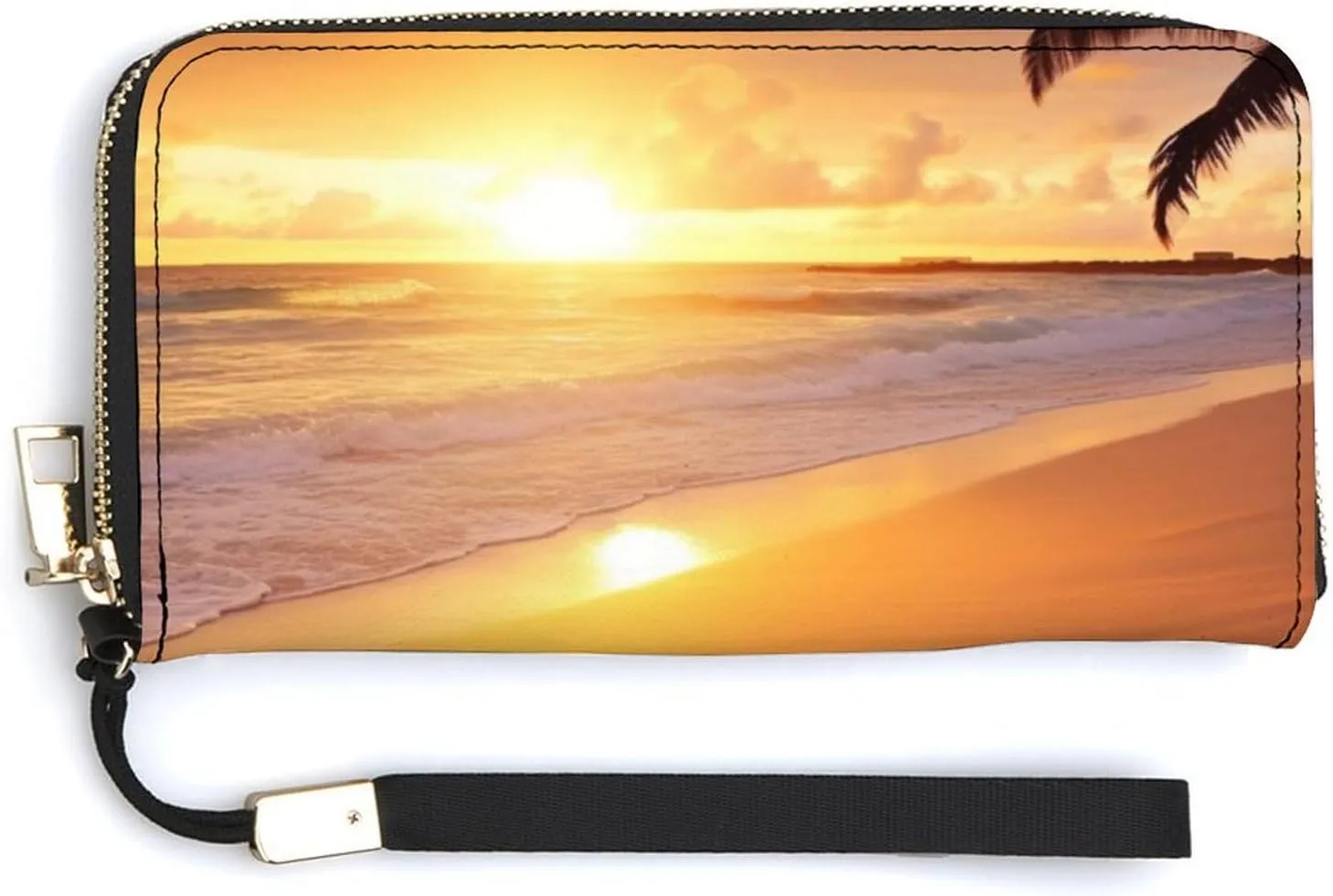 Tropical Beach Sunset Wristlet Long Wallet Womens Purse Wallet Zip Clutch Large Capacity Leather Purse Credit Card Holder Coin Purse