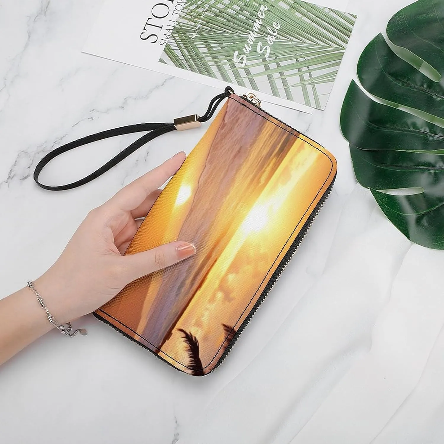 Tropical Beach Sunset Wristlet Long Wallet Womens Purse Wallet Zip Clutch Large Capacity Leather Purse Credit Card Holder Coin Purse