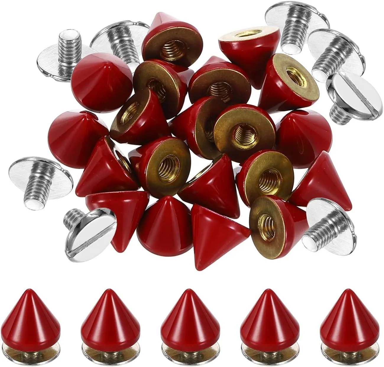 uxcell 20Set Spikes and Studs Kit, 7.5 x 8mm Cone Spikes Punk Rock Rapid Rivets Screw for DIY Leather Craft Belt Bags Shoes Accessories, Red