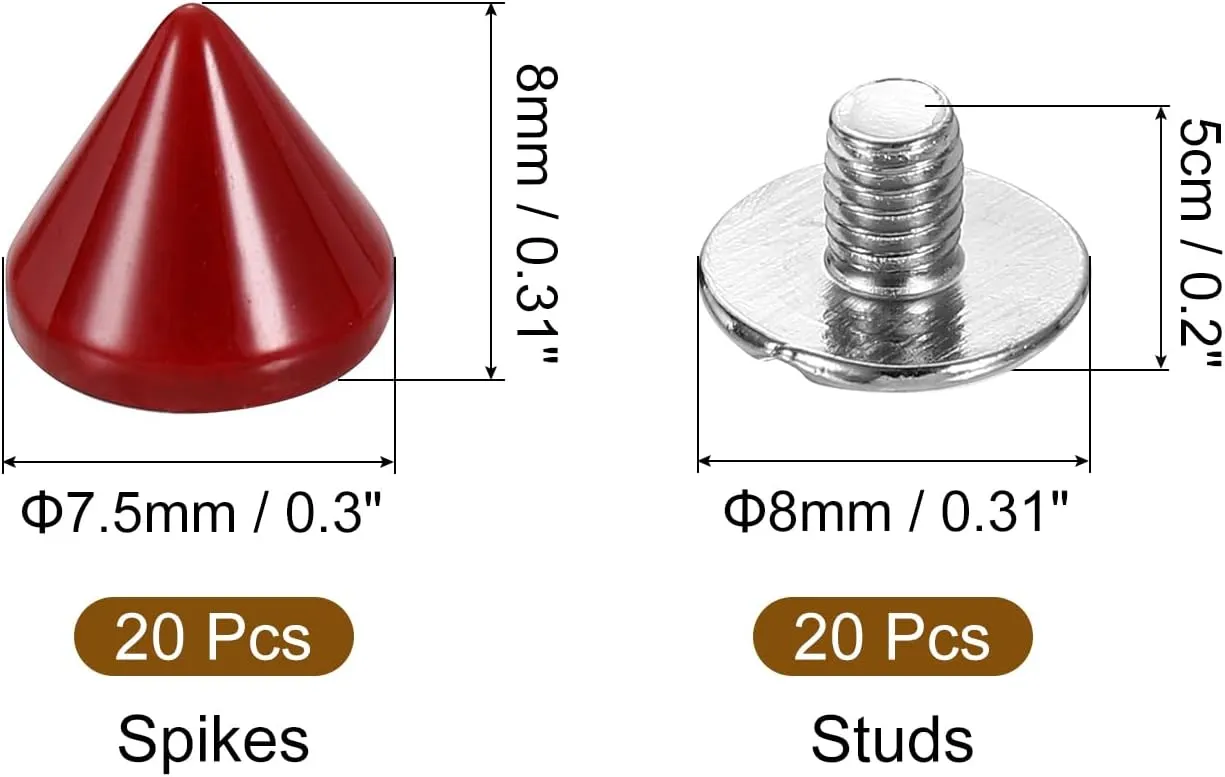 uxcell 20Set Spikes and Studs Kit, 7.5 x 8mm Cone Spikes Punk Rock Rapid Rivets Screw for DIY Leather Craft Belt Bags Shoes Accessories, Red