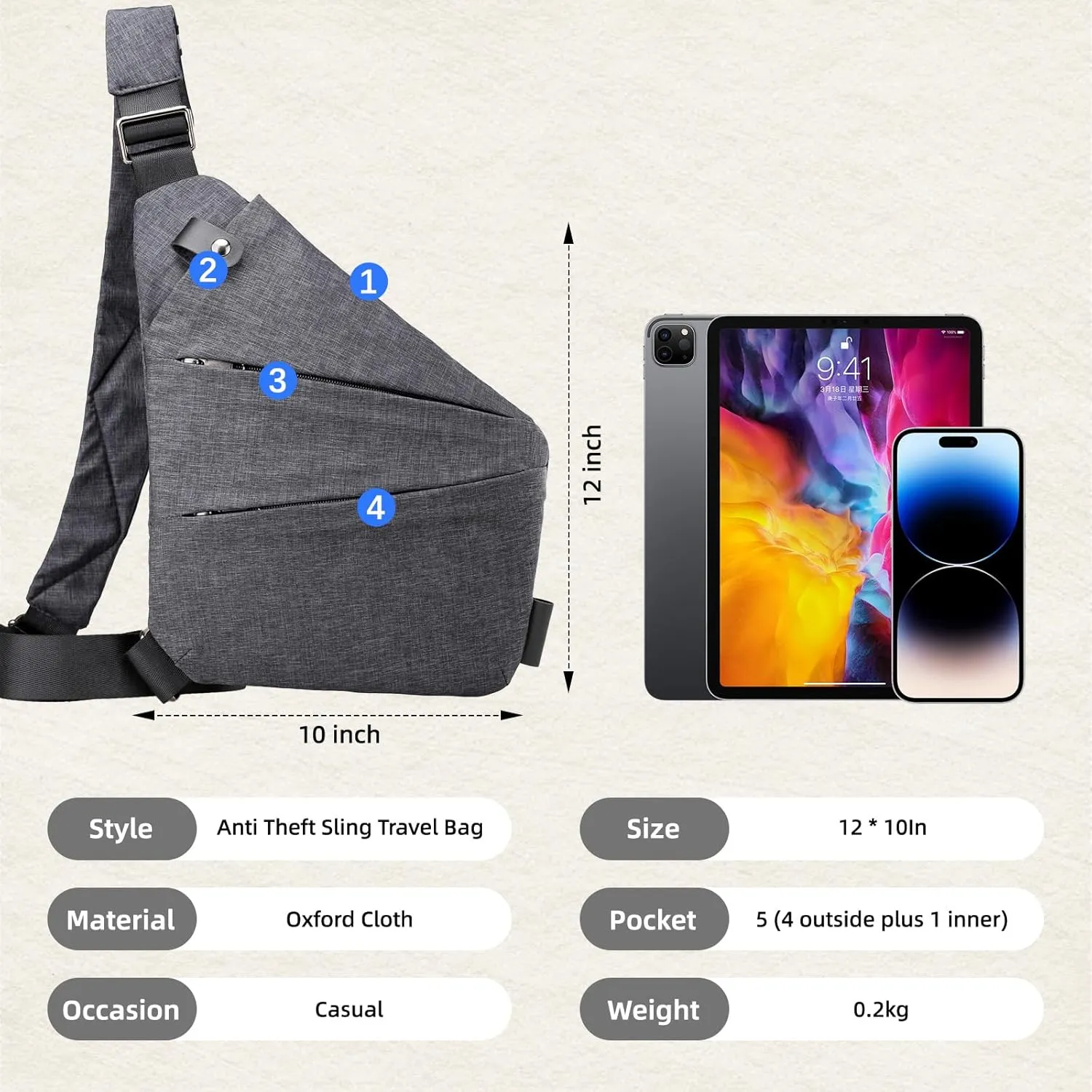Vipost Anti Theft Crossbody Bags for Women/Men, Multi-Pocket Sling Bag Travel Crossbody Bag for Women with Adjustable Strap