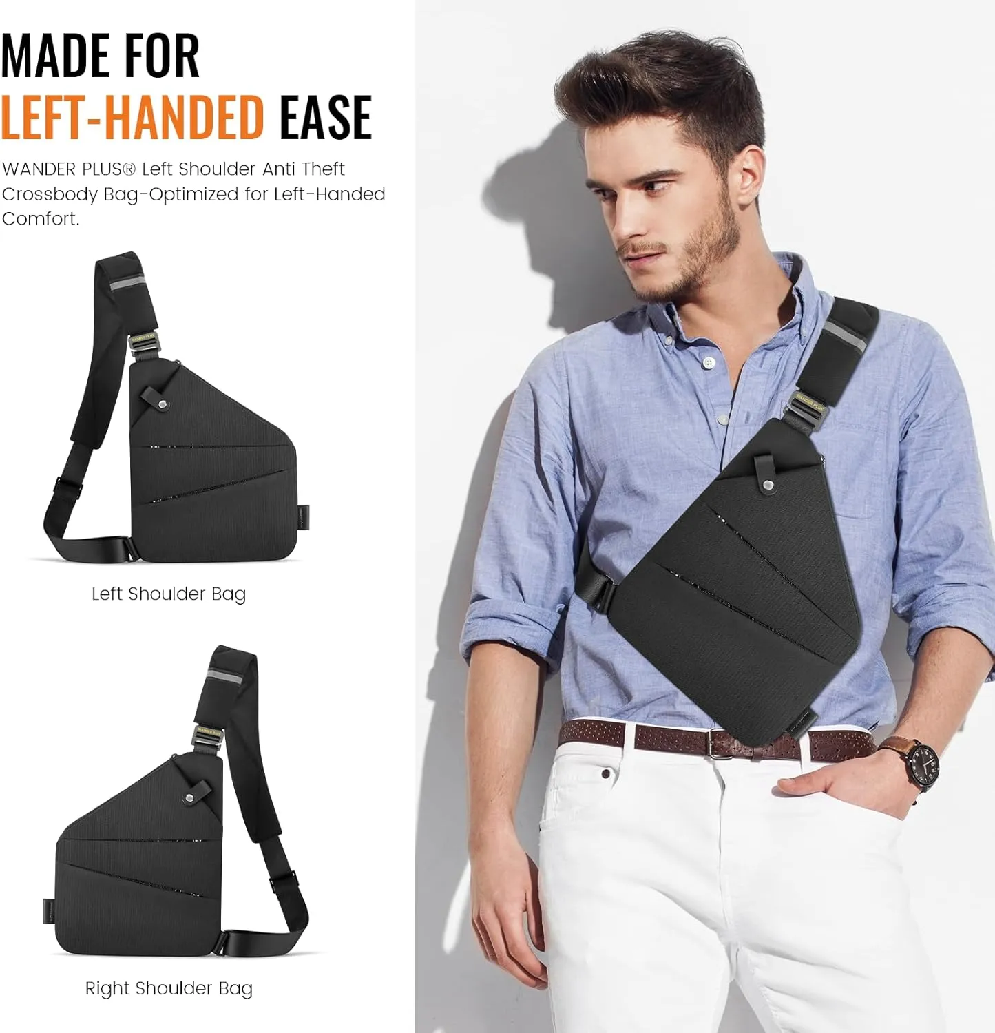 WANDER PLUS Left Shoulder Anti Theft Crossbody Travel Bag for Women Men, Slim Sling Bag with Adjustable Strap