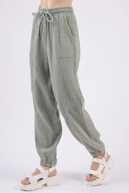 Washed Woven Crinkle Gauze Cargo Pants - Denim or Sage