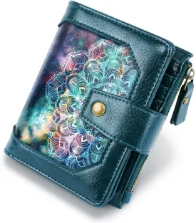 Women Leather Wallet RFID Blocking Small Bifold Zipper Pocket Wallet Card Case Purse with ID Window,Mandala Nebula