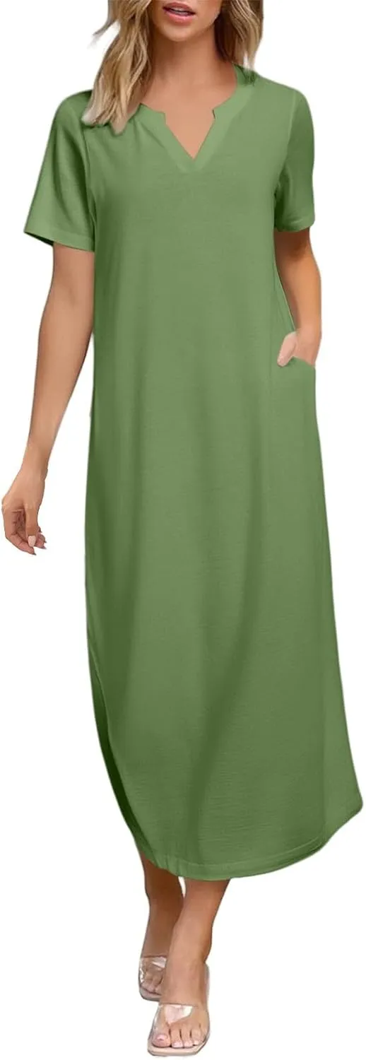 Women Long Maxi Dress Short Sleeve Split Long Tshirt Dress Casual Summer Loose V Neck Sundress with Pockets