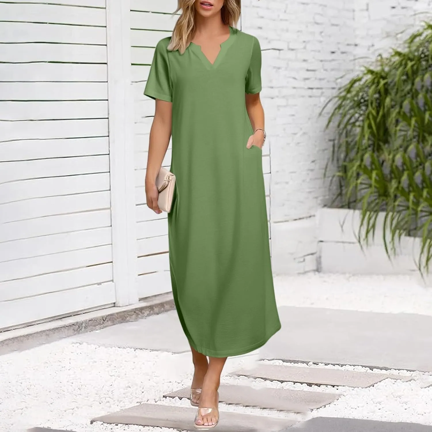 Women Long Maxi Dress Short Sleeve Split Long Tshirt Dress Casual Summer Loose V Neck Sundress with Pockets